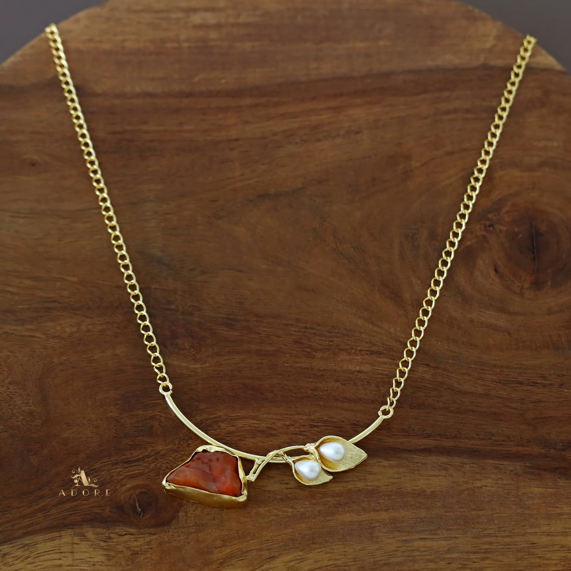 Golden Two Fold Leafy Pearl Raw Stone Neckpiece - Image 5
