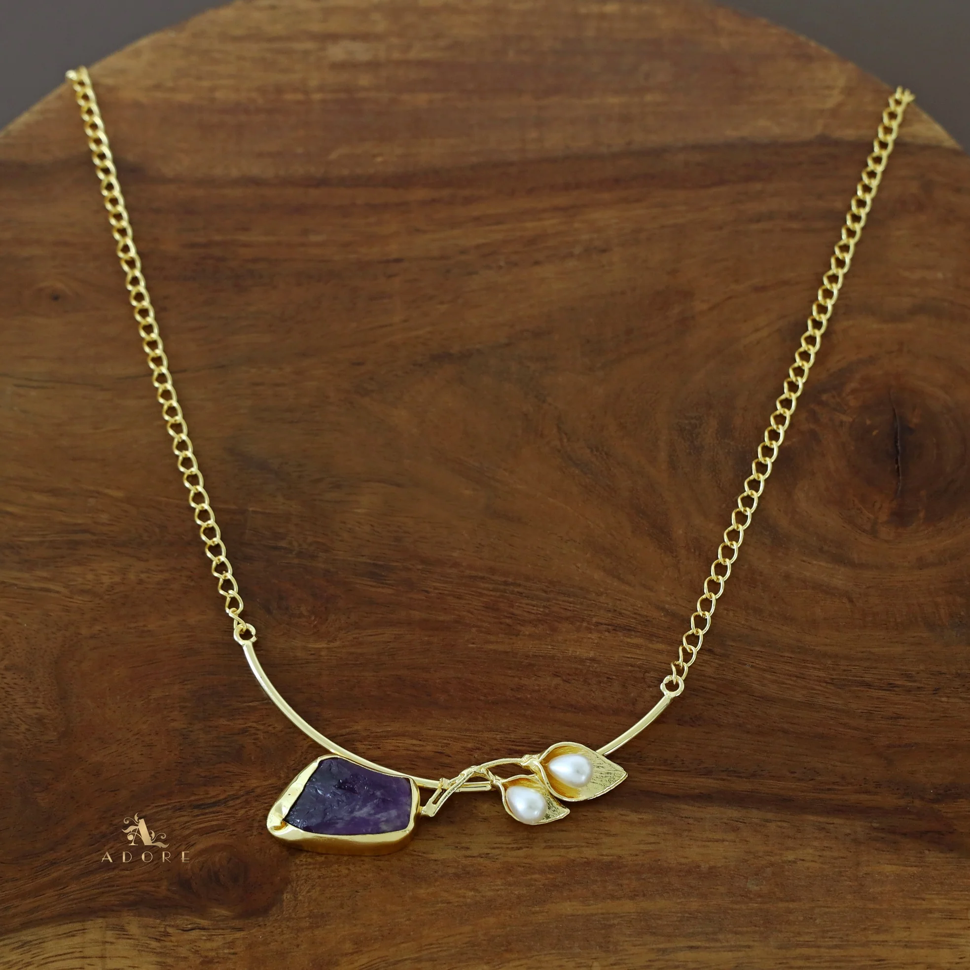 Golden Two Fold Leafy Pearl Raw Stone Neckpiece - Image 6