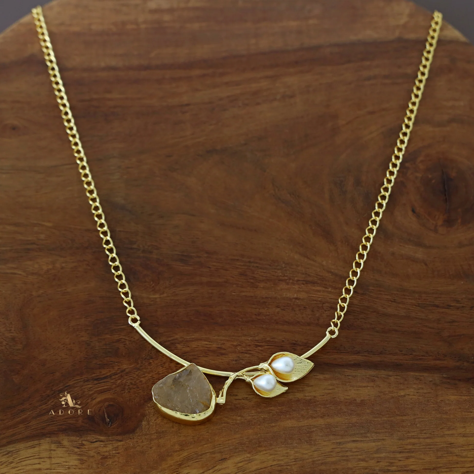 Golden Two Fold Leafy Pearl Raw Stone Neckpiece - Image 7