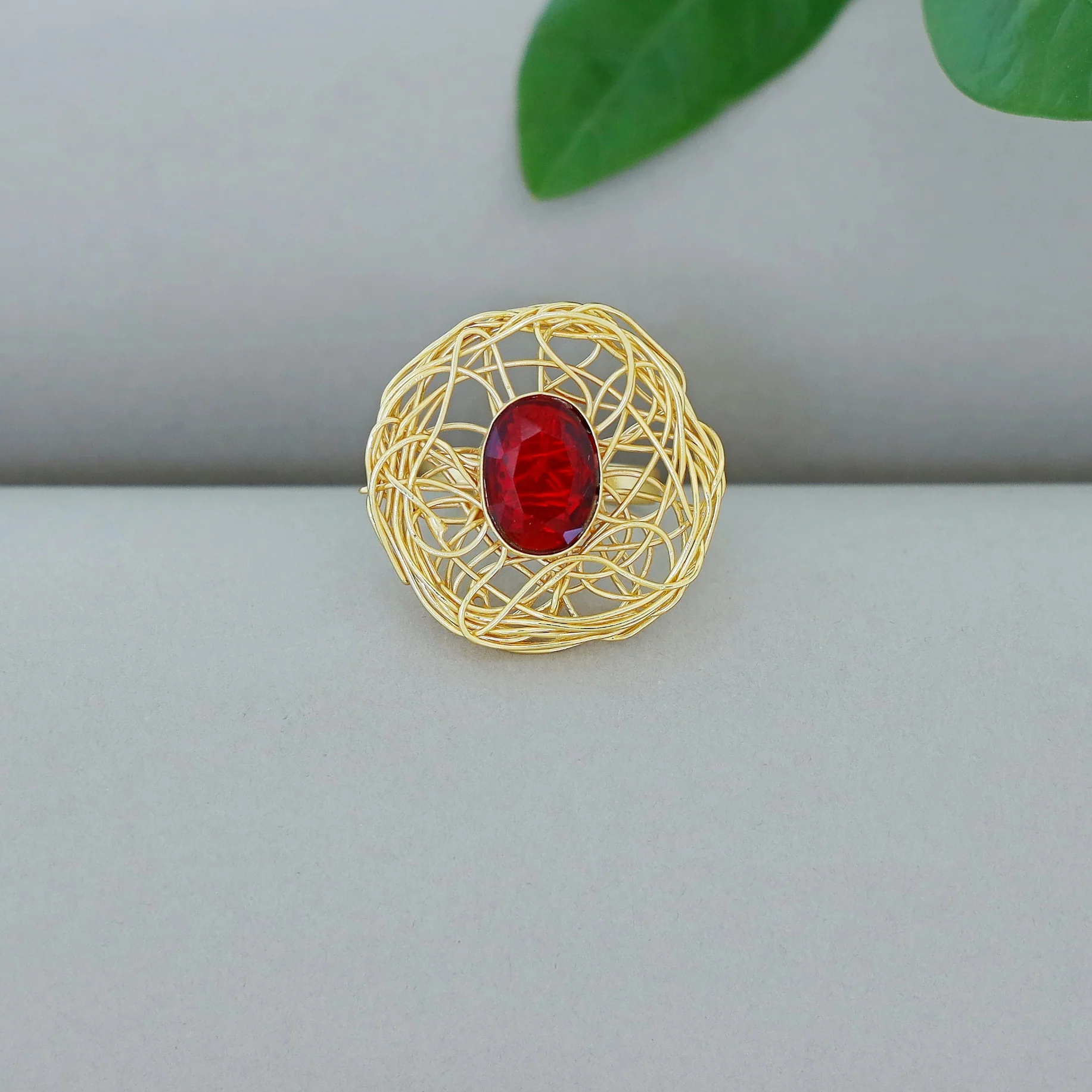 Golden Wired Glossy Stone Ring - Image 2