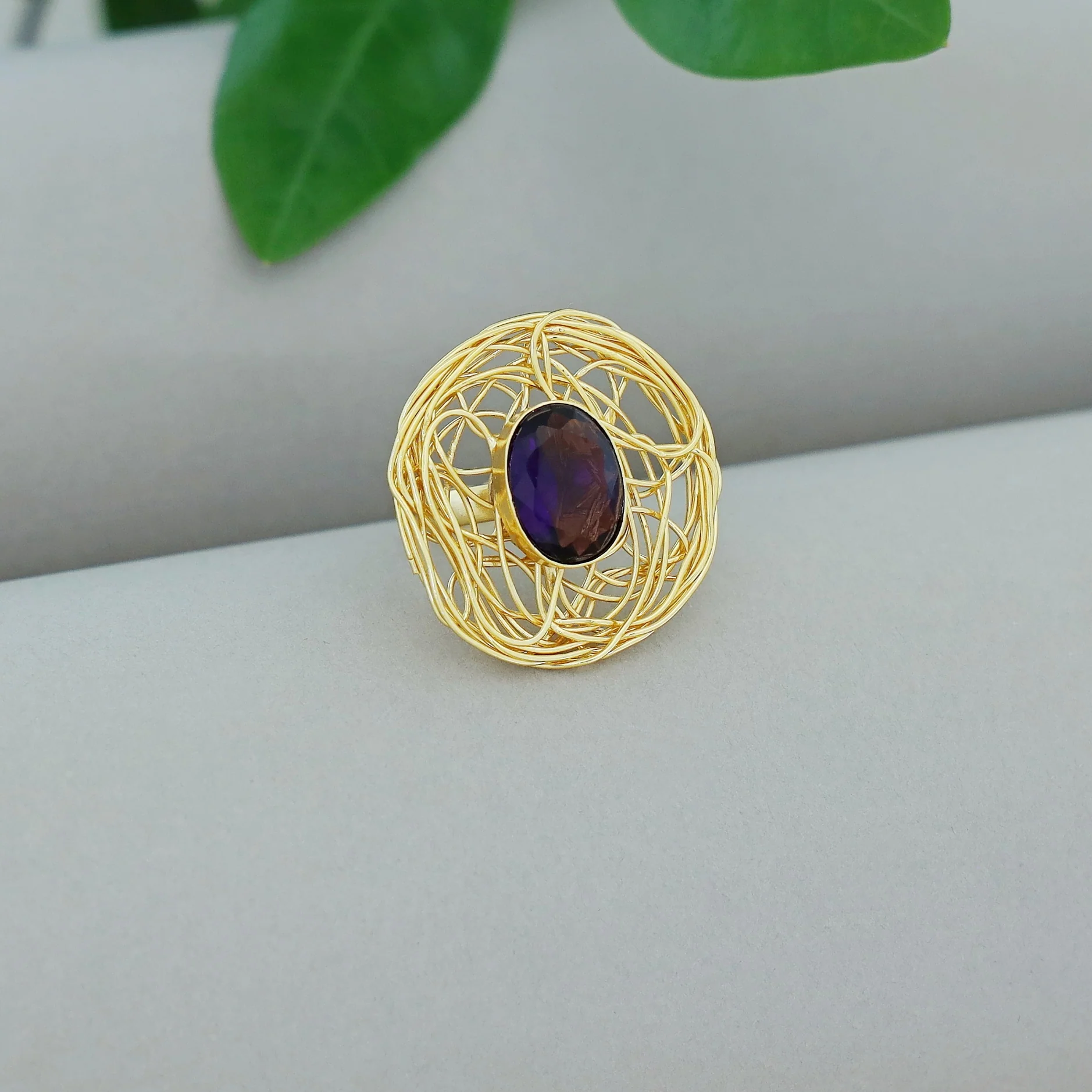Golden Wired Glossy Stone Ring - Image 3
