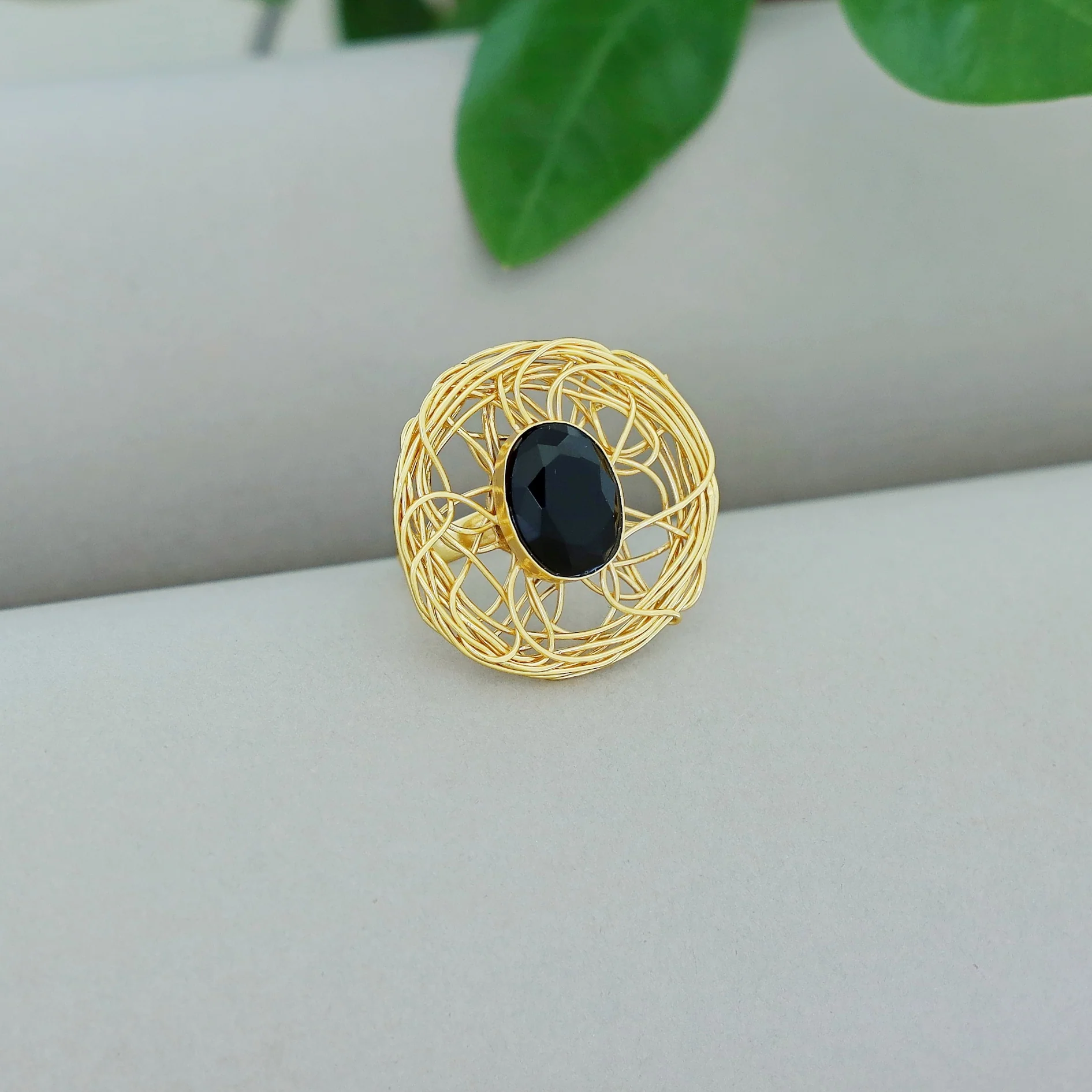 Golden Wired Glossy Stone Ring - Image 4
