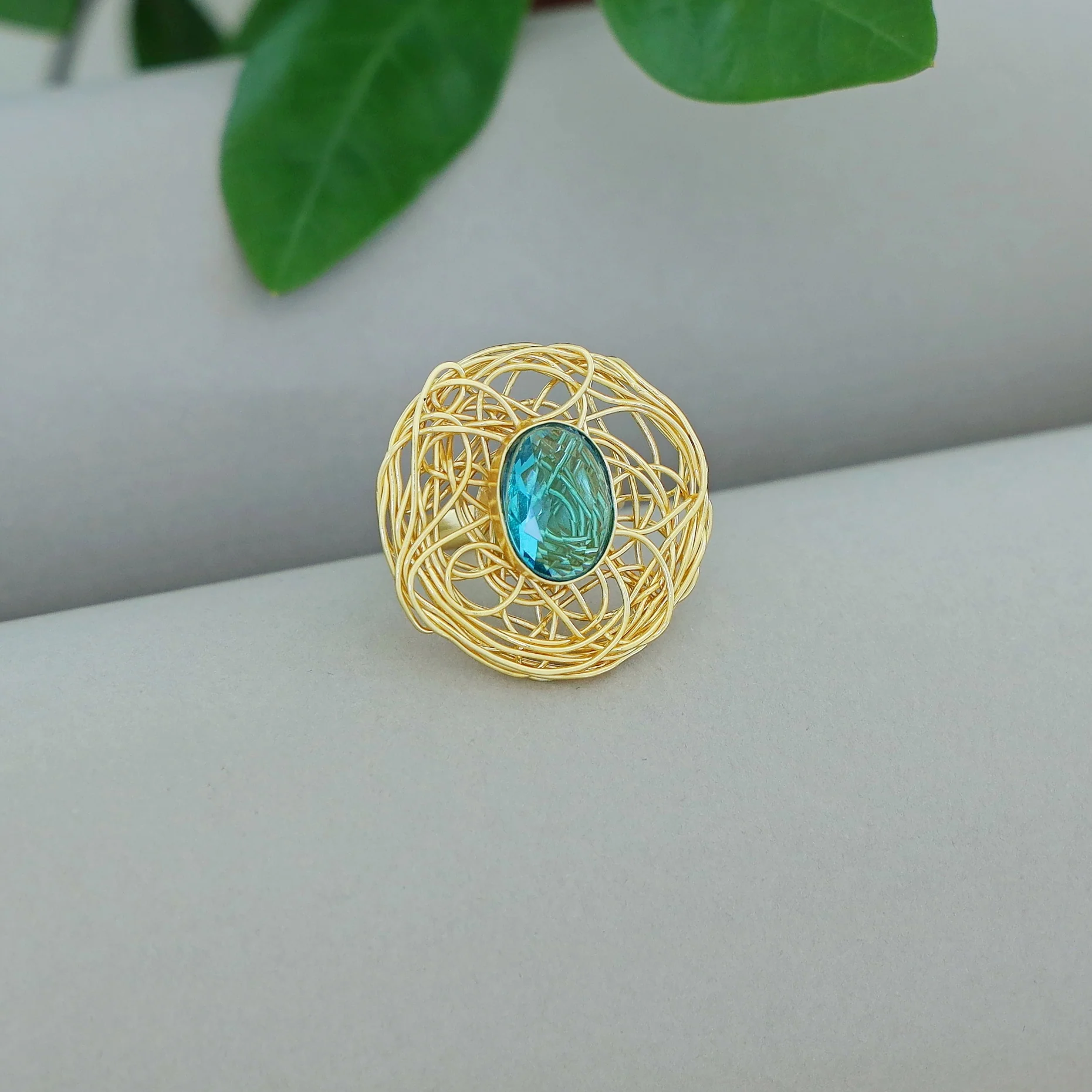 Golden Wired Glossy Stone Ring - Image 5