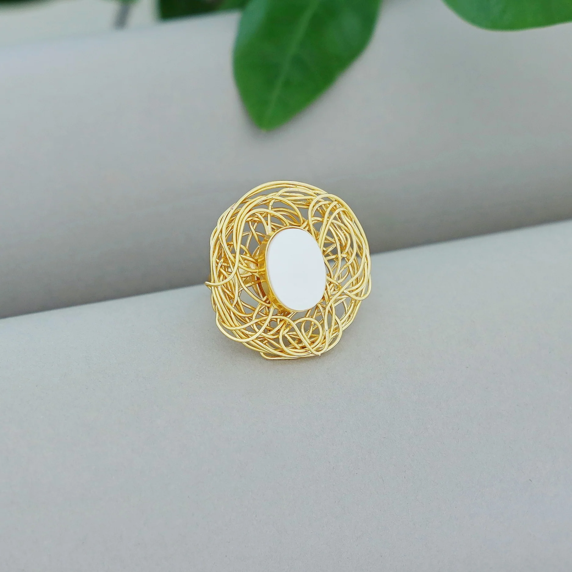 Golden Wired Glossy Stone Ring - Image 6