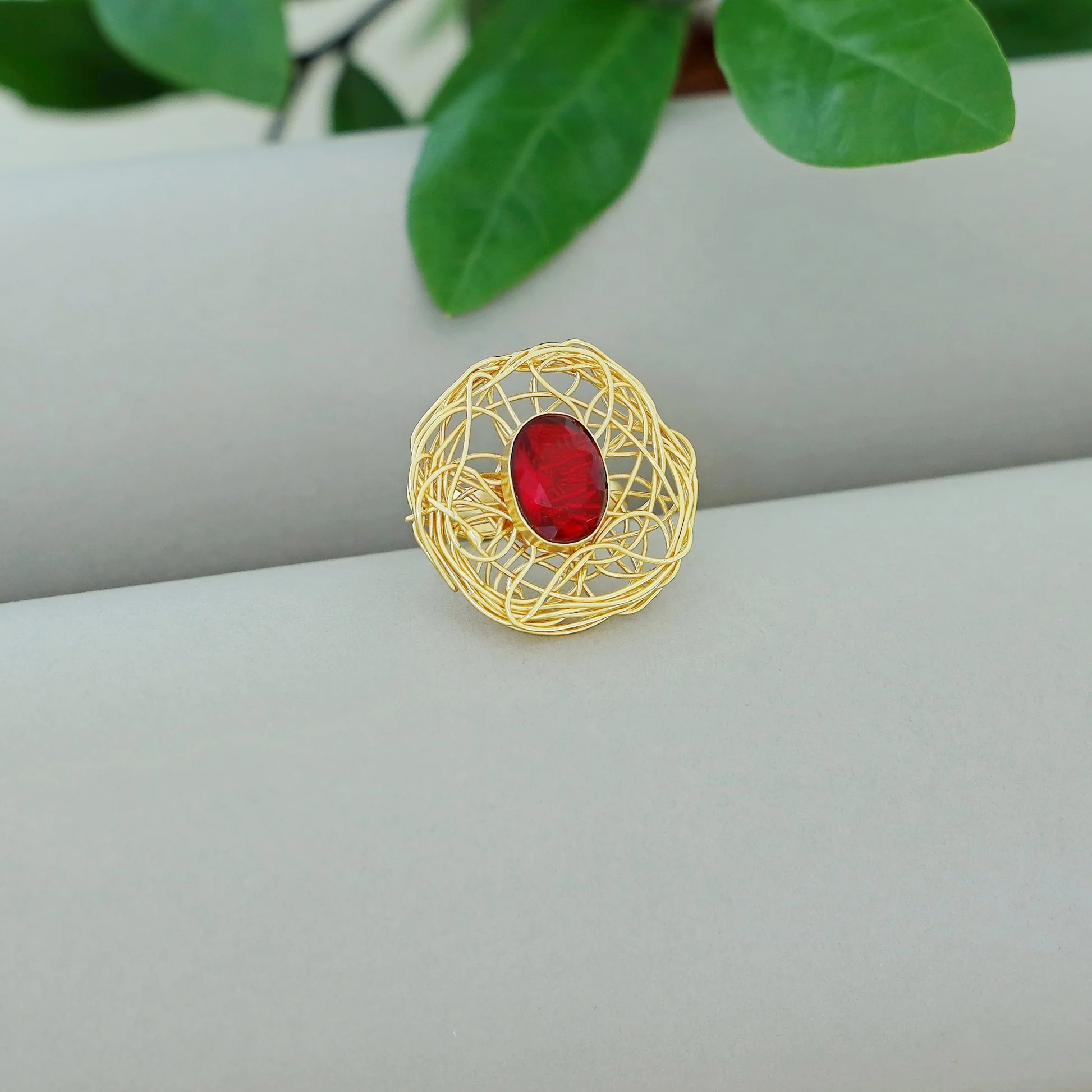 Golden Wired Glossy Stone Ring - Image 8