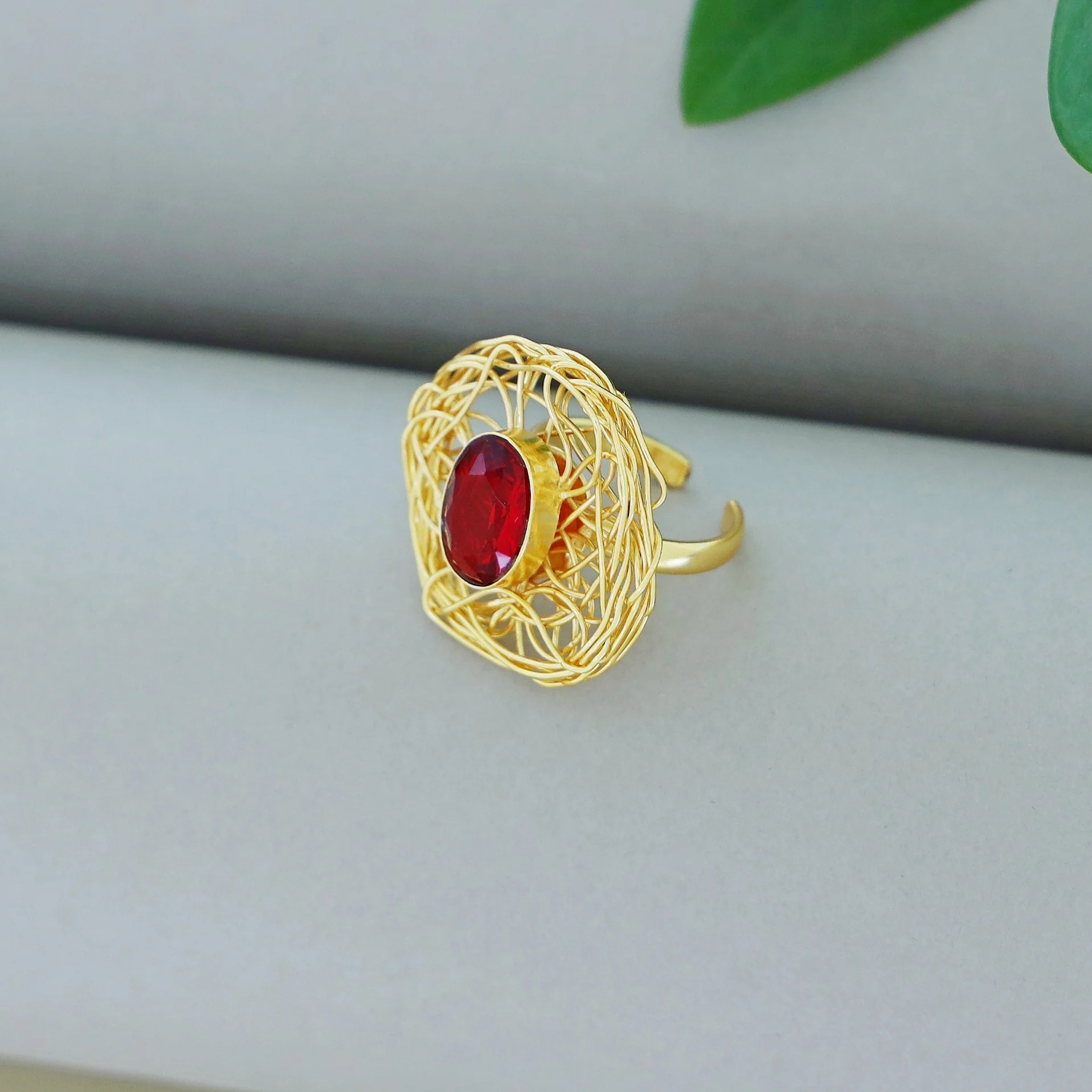 Golden Wired Glossy Stone Ring - Image 9