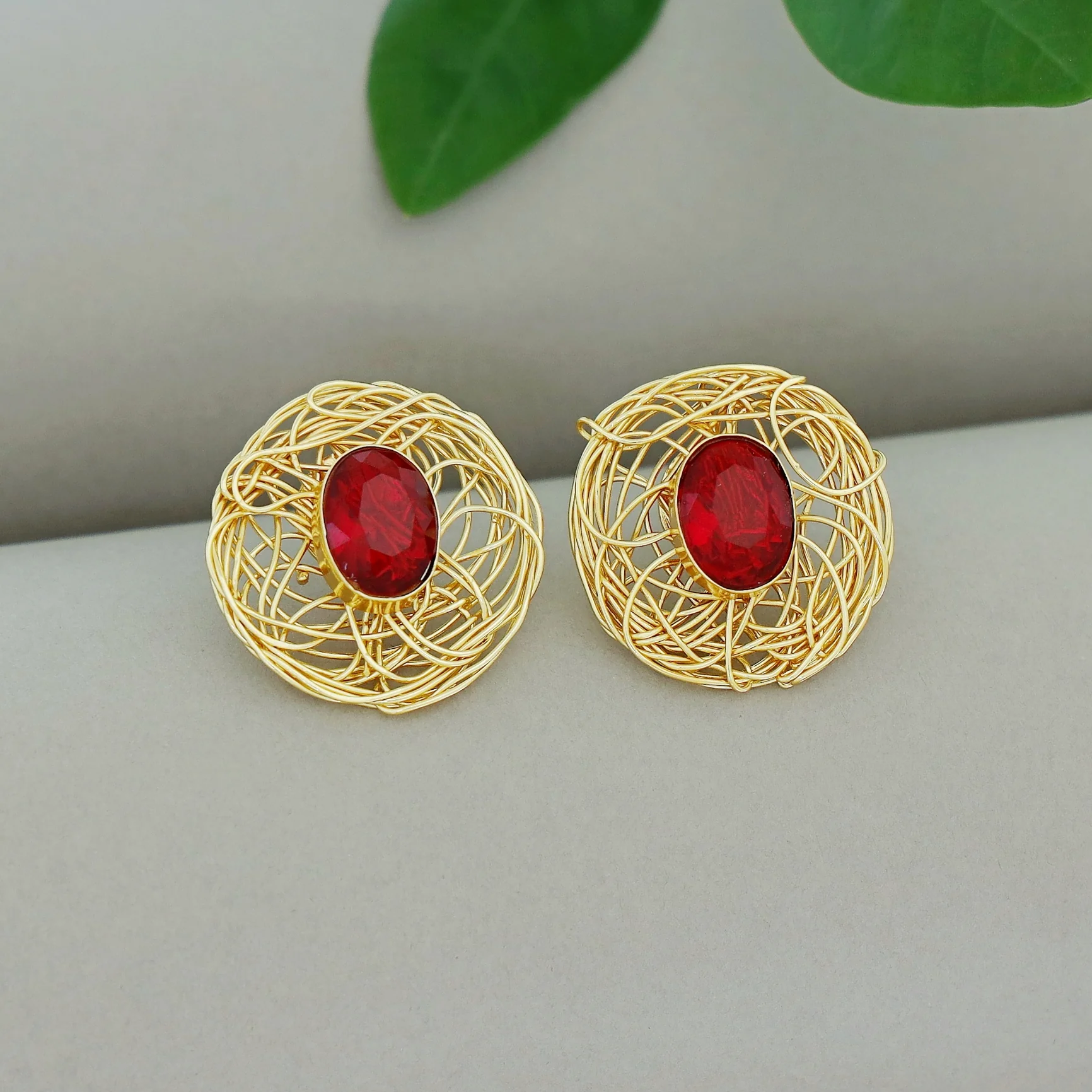 Golden Wired Oval Glossy Stone Earring - Image 2