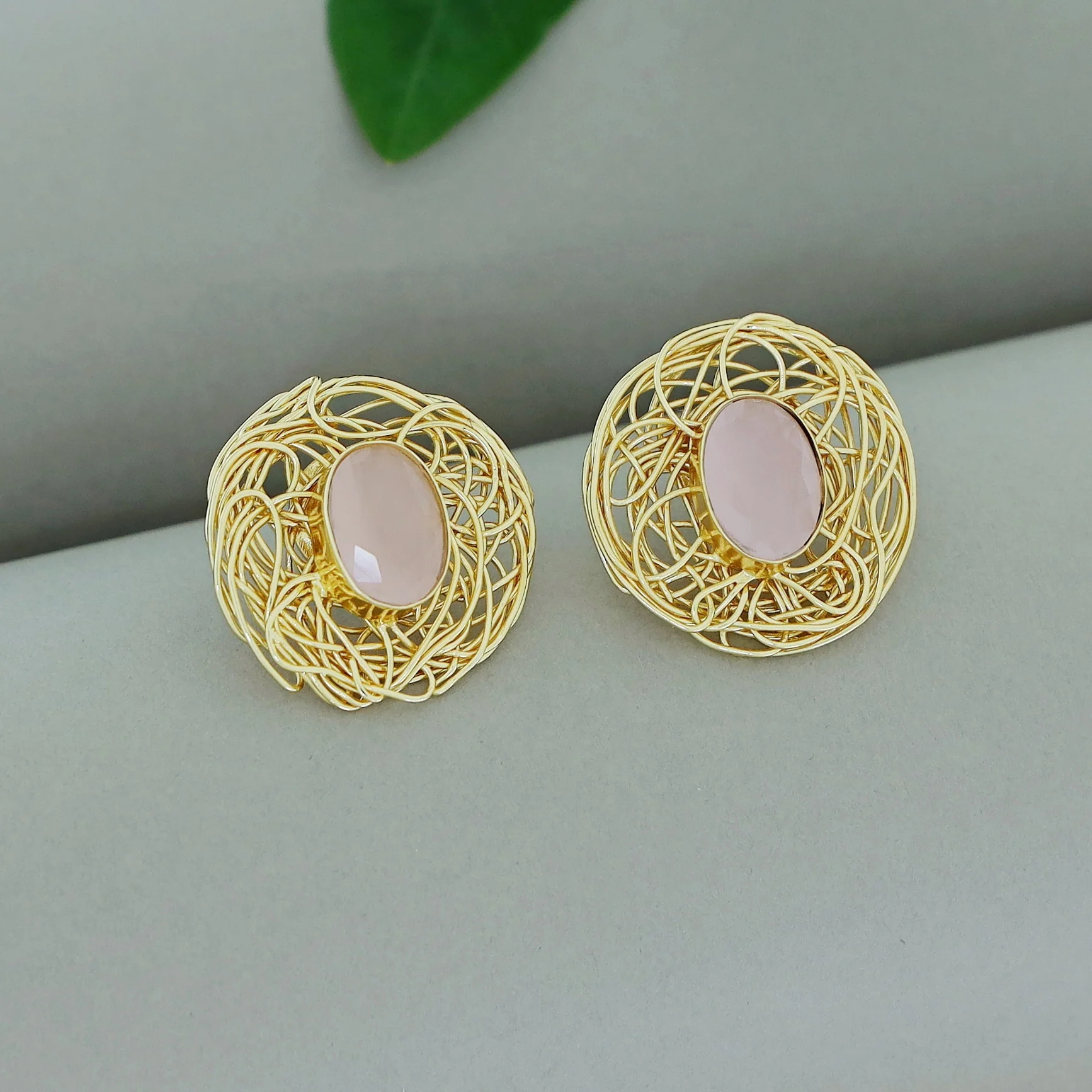 Golden Wired Oval Glossy Stone Earring - Image 6