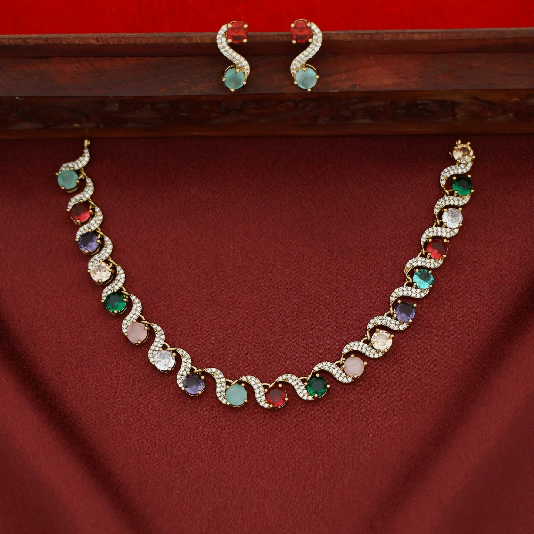 Greeshma AD Stone + Round Stone Short Neckpiece with Earring - Image 4