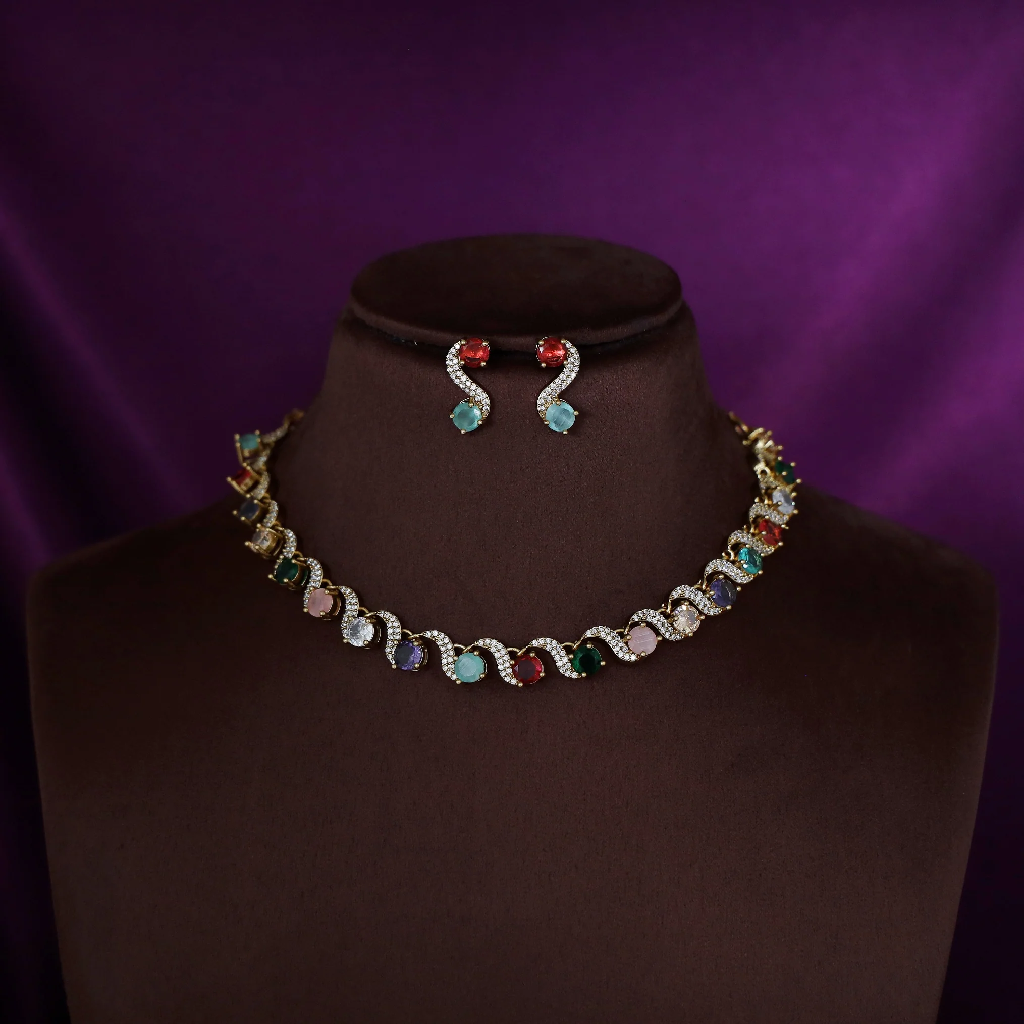 Greeshma AD Stone + Round Stone Short Neckpiece with Earring - Image 6