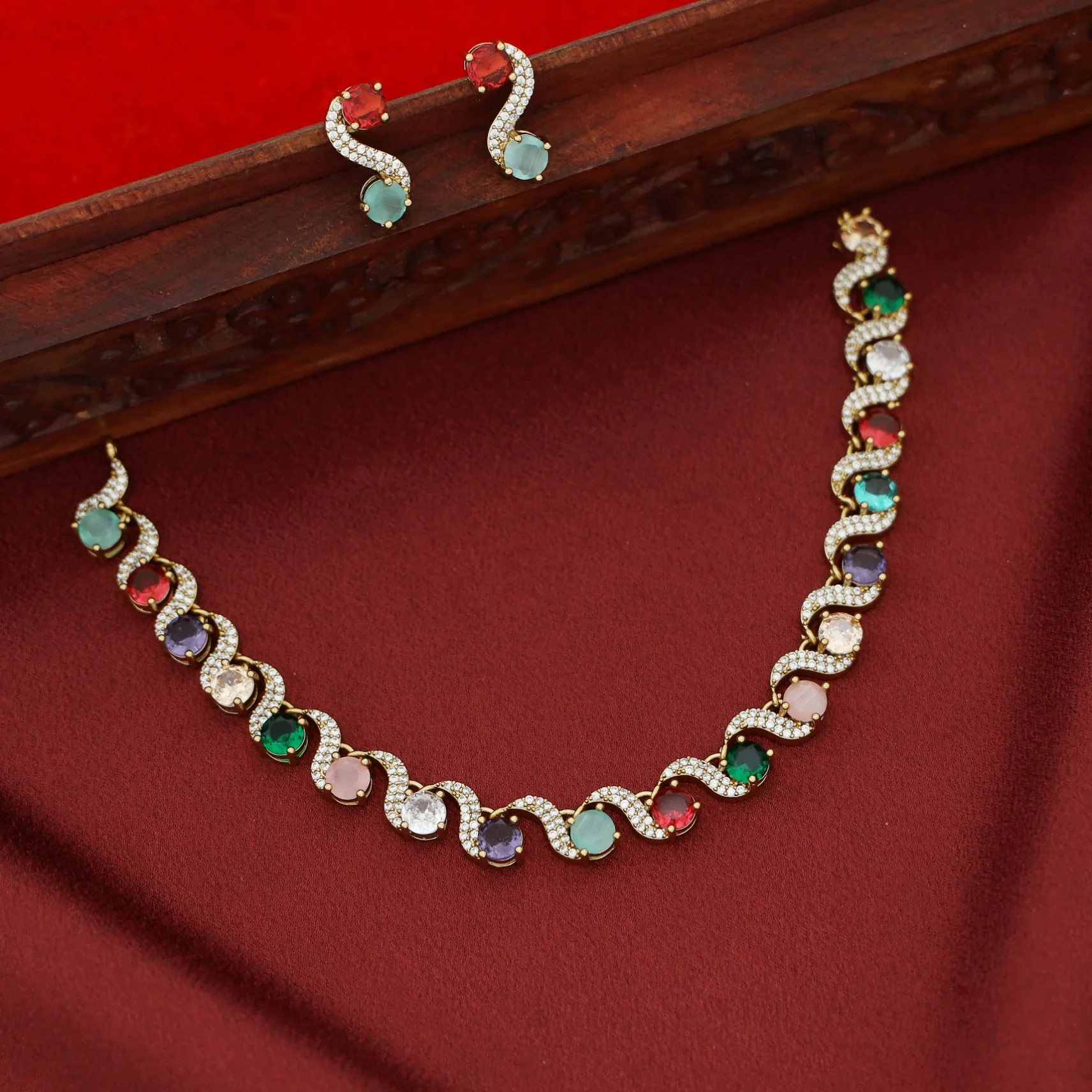 Greeshma AD Stone + Round Stone Short Neckpiece with Earring - Image 7