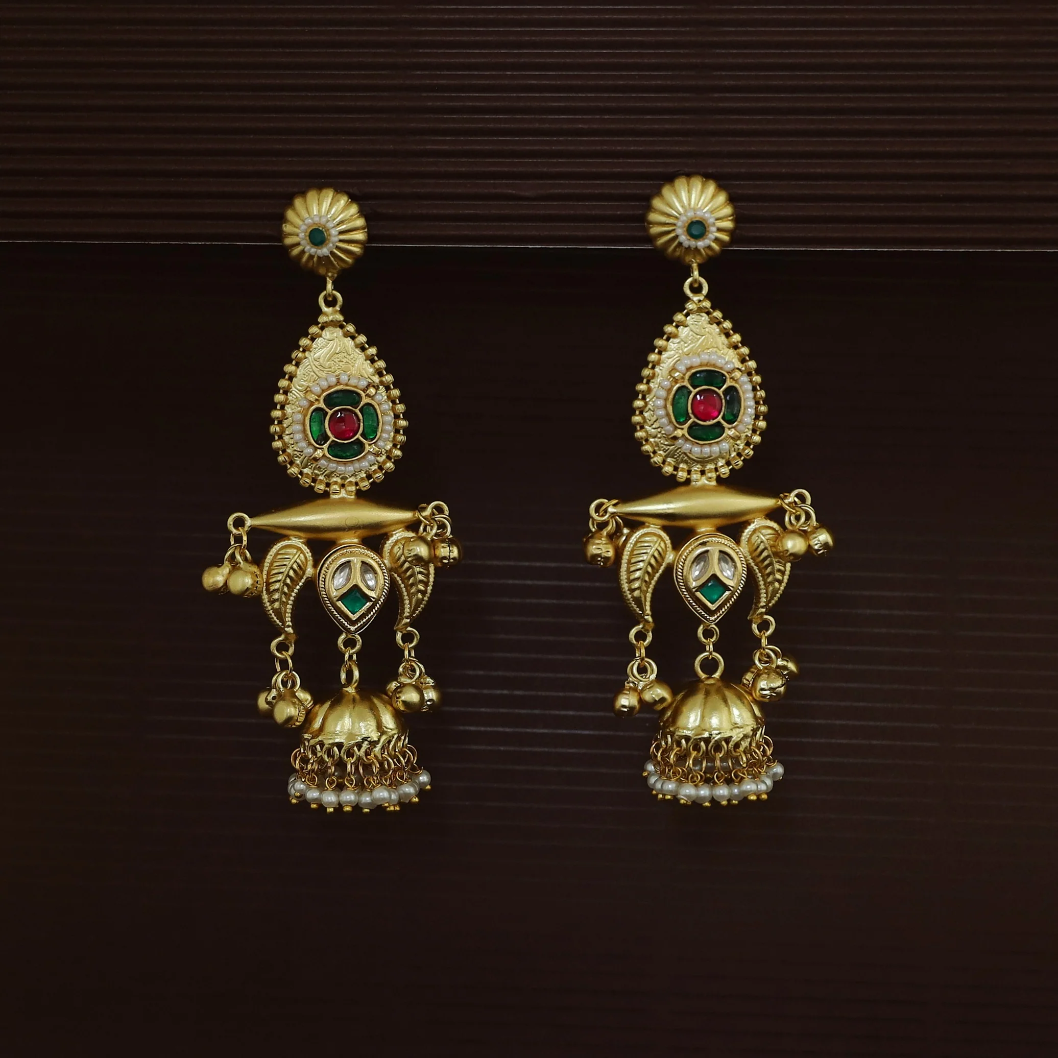 Gul Jadau Kundan Flower Ghungroo Pearl Kashmiri Jhumka - Image 10