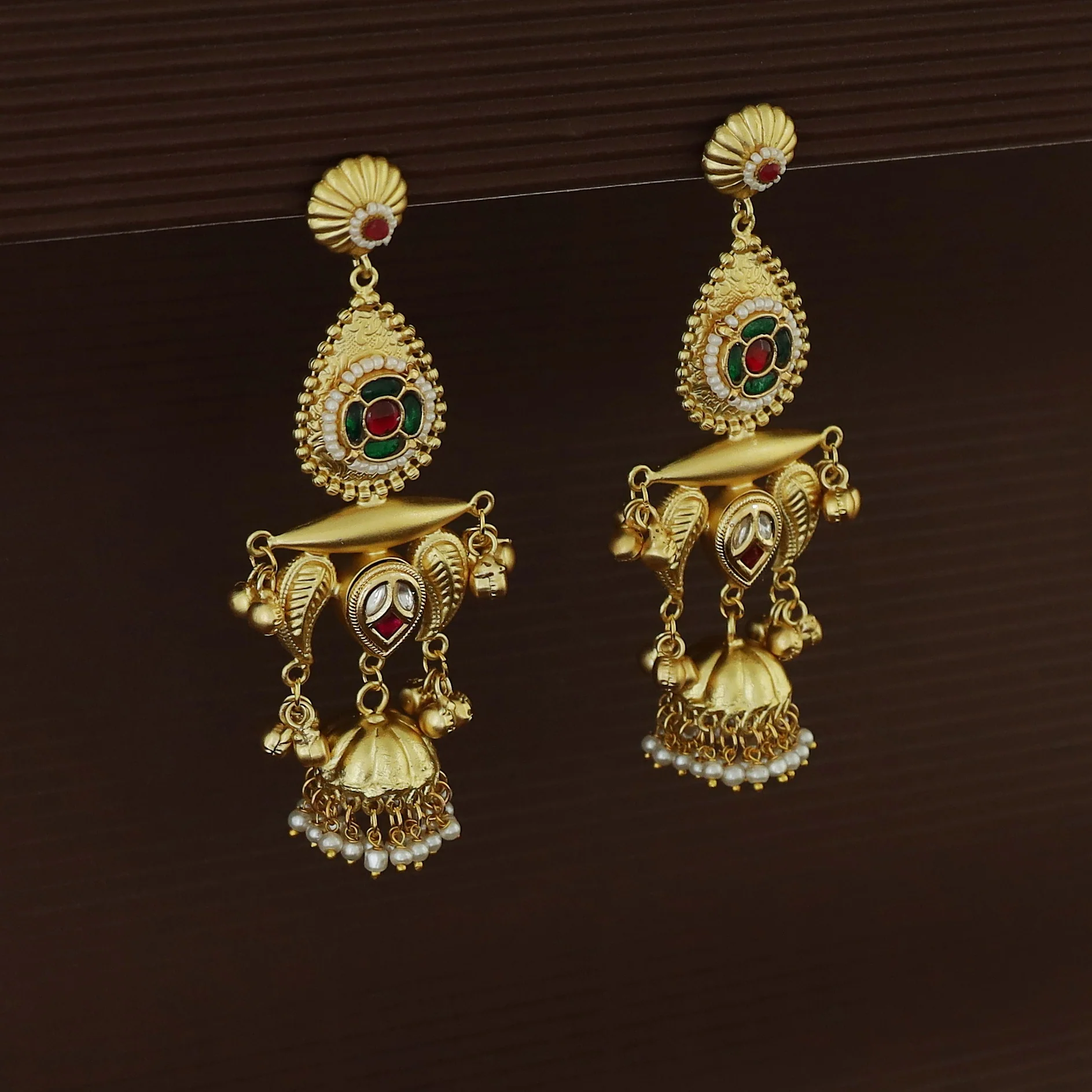 Gul Jadau Kundan Flower Ghungroo Pearl Kashmiri Jhumka - Image 11