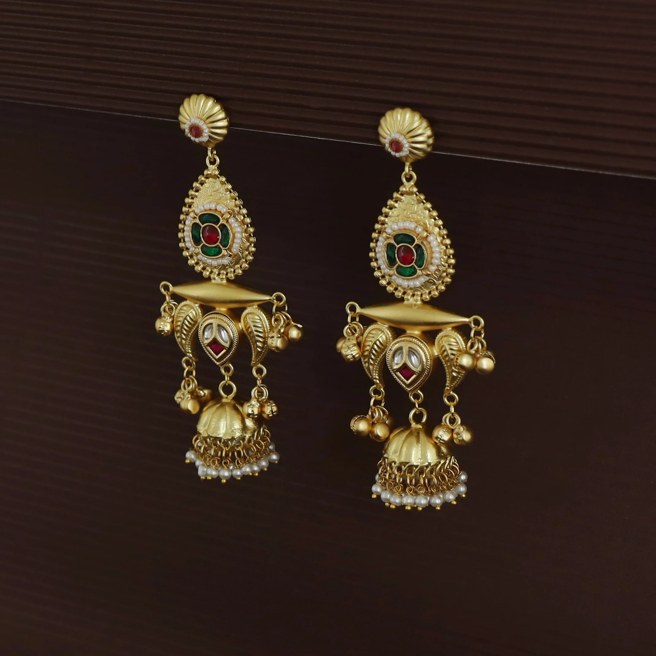 Gul Jadau Kundan Flower Ghungroo Pearl Kashmiri Jhumka - Image 12