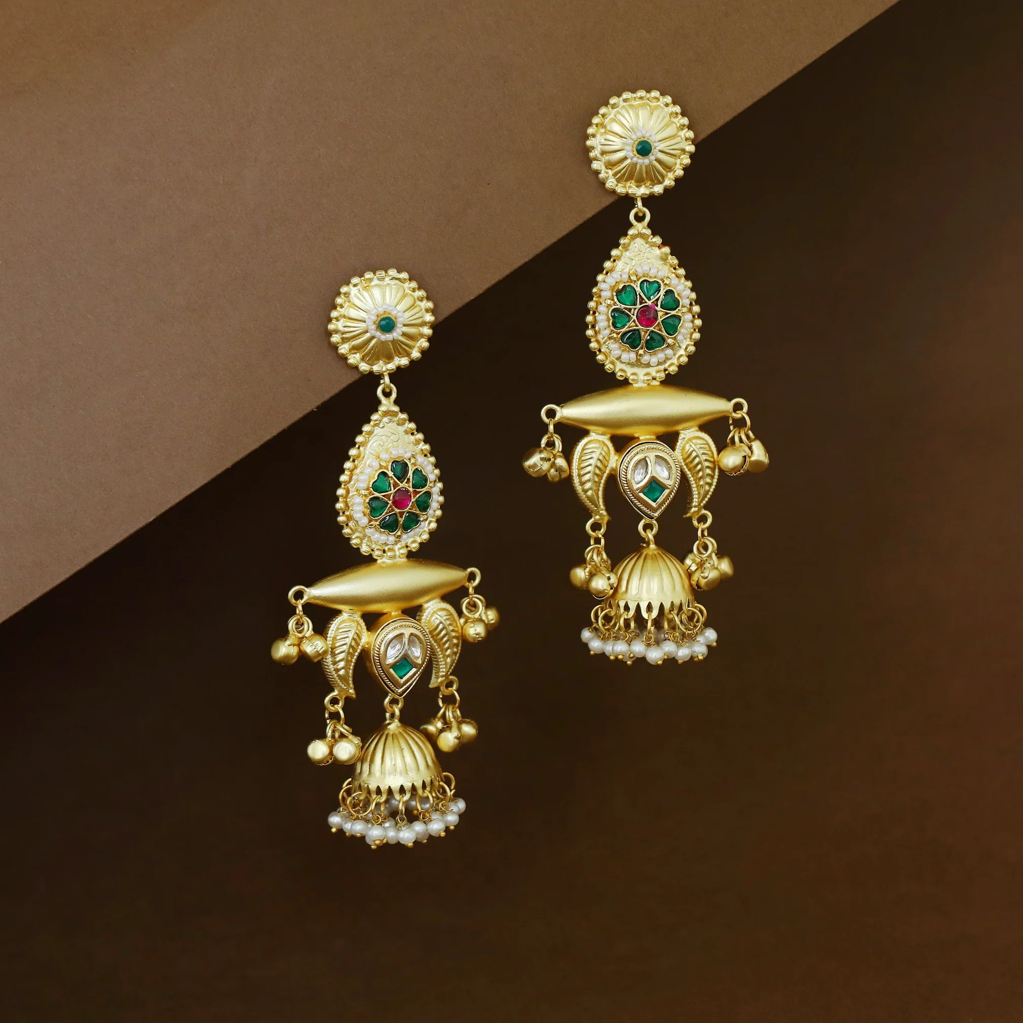 Gul Jadau Kundan Flower Ghungroo Pearl Kashmiri Jhumka - Image 3