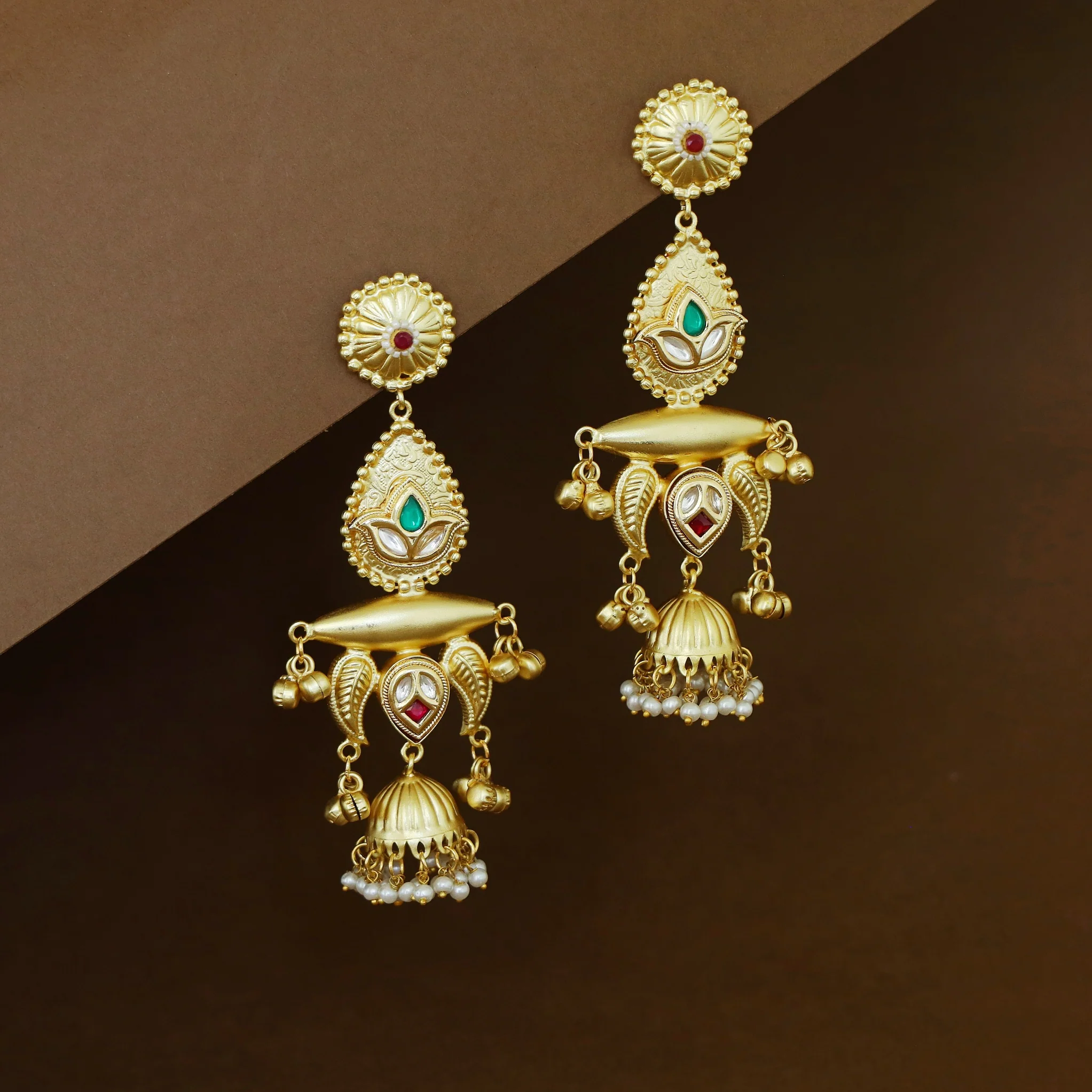 Gul Jadau Kundan Flower Ghungroo Pearl Kashmiri Jhumka - Image 4