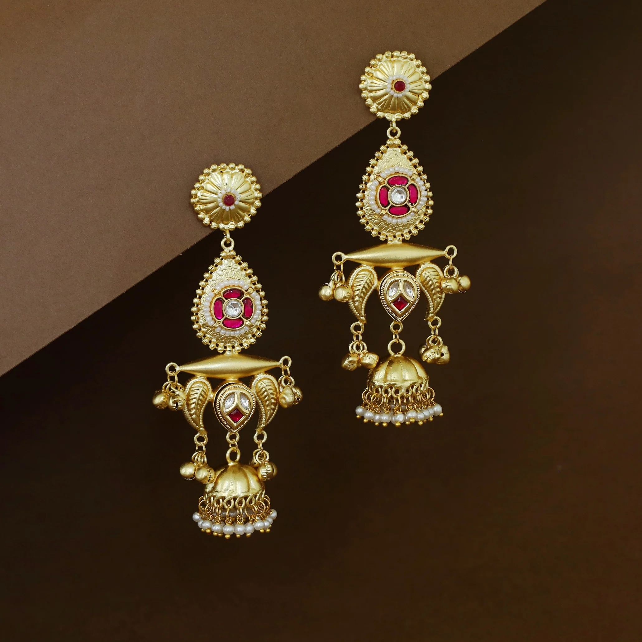 Gul Jadau Kundan Flower Ghungroo Pearl Kashmiri Jhumka - Image 5