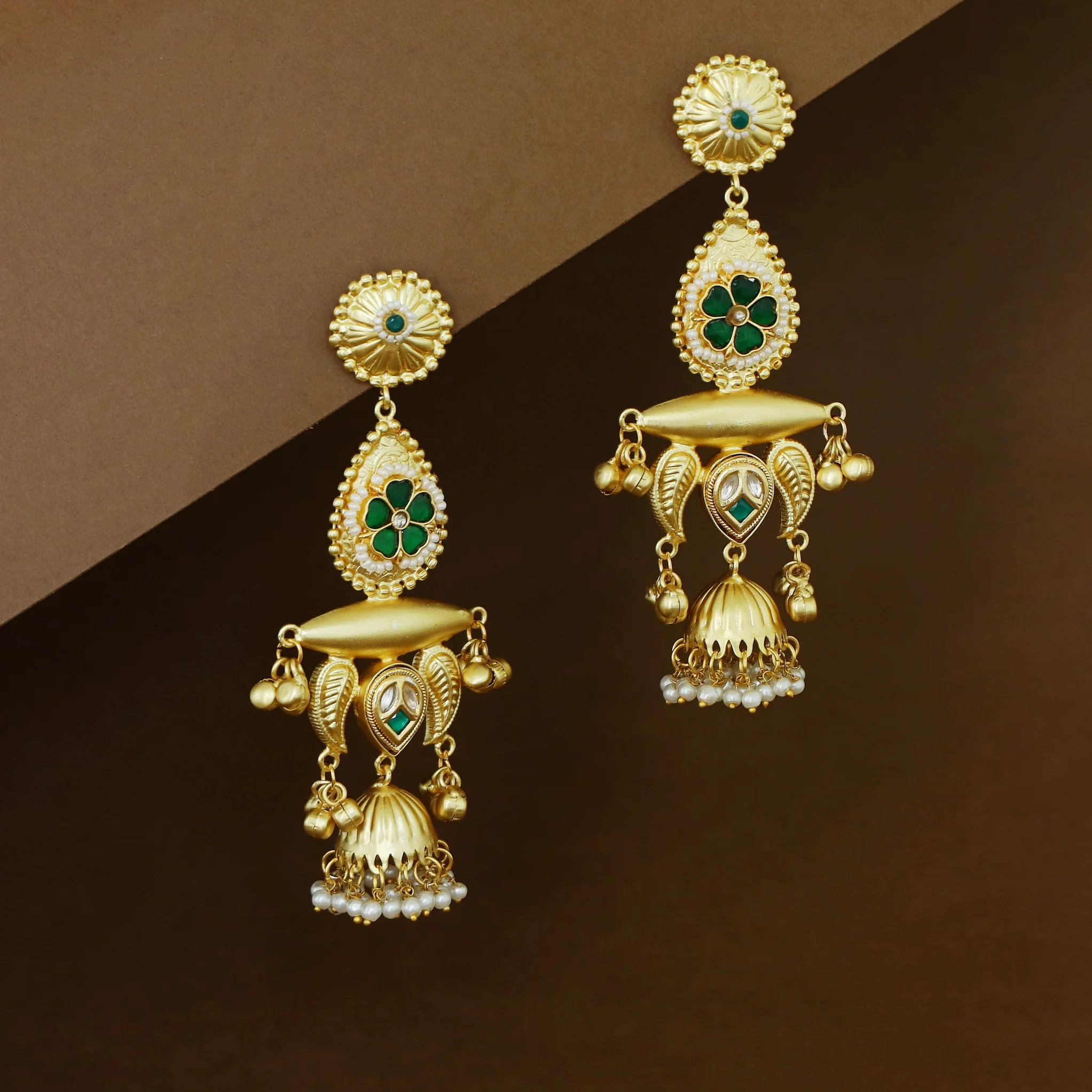 Gul Jadau Kundan Flower Ghungroo Pearl Kashmiri Jhumka - Image 6