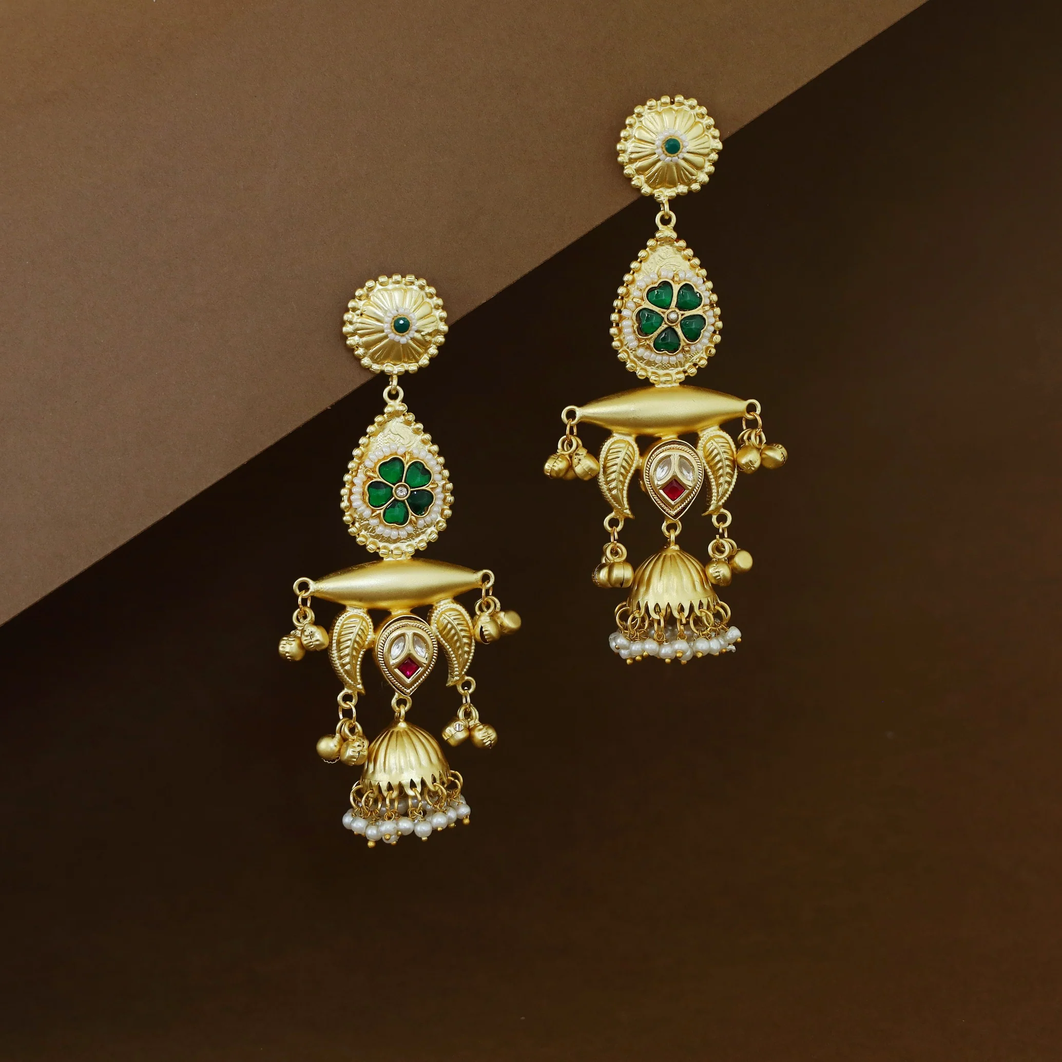 Gul Jadau Kundan Flower Ghungroo Pearl Kashmiri Jhumka - Image 7