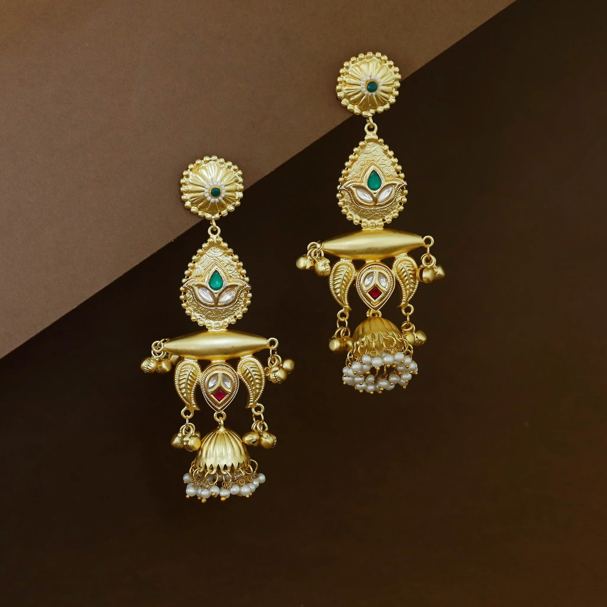 Gul Jadau Kundan Flower Ghungroo Pearl Kashmiri Jhumka - Image 8