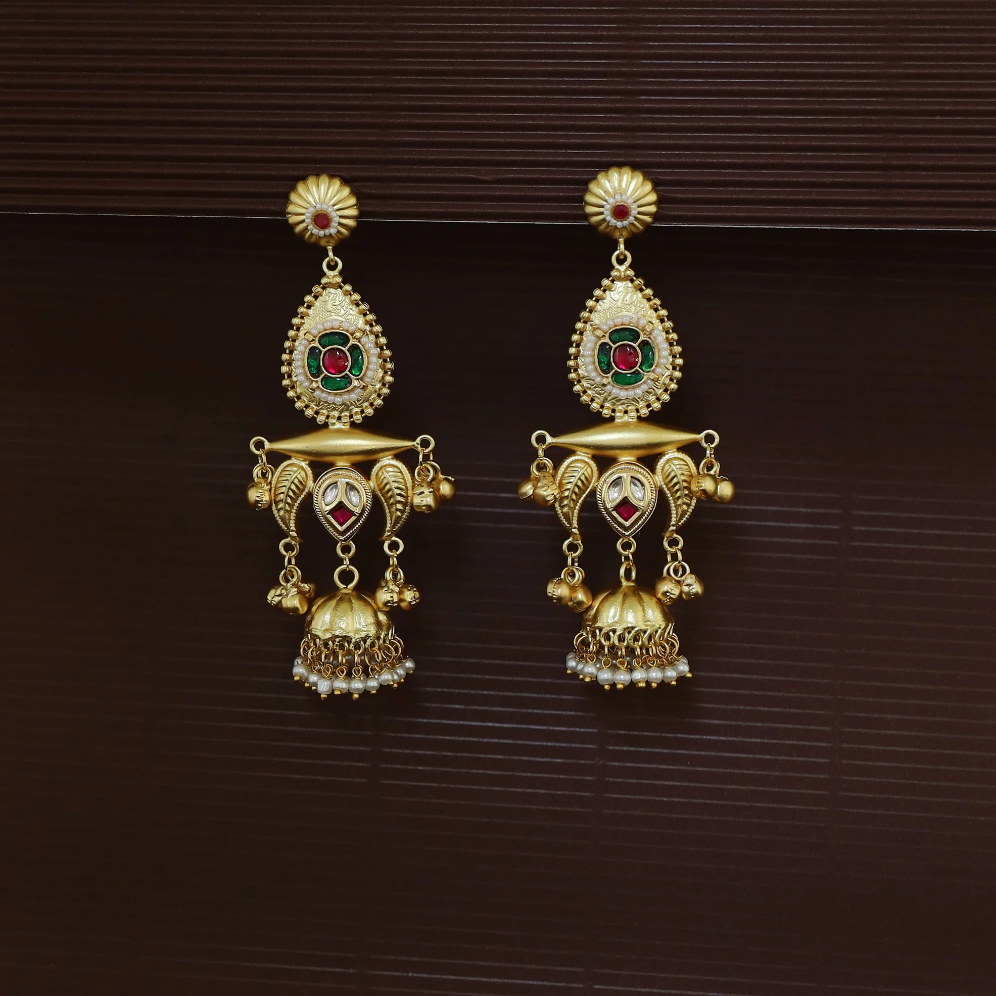 Gul Jadau Kundan Flower Ghungroo Pearl Kashmiri Jhumka - Image 9