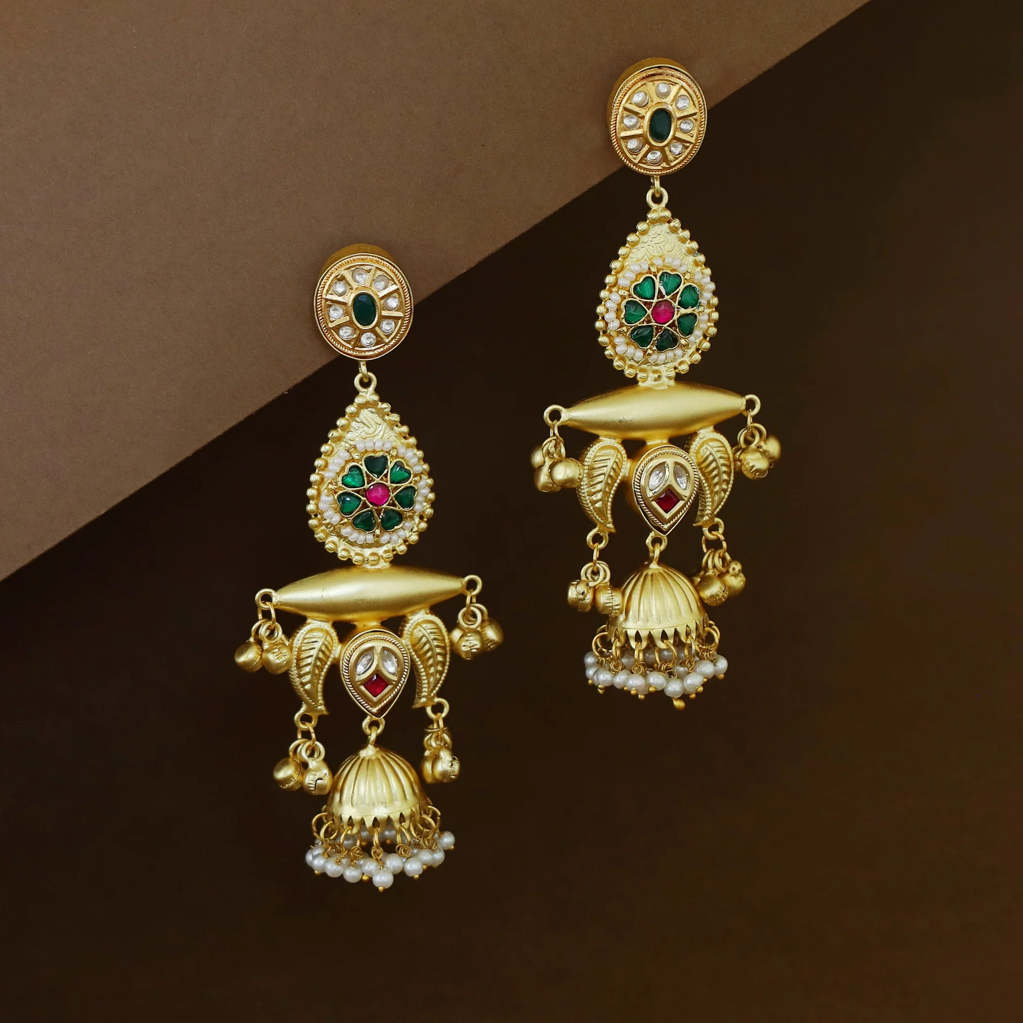 Gul Jadau Kundan Leaf Ghungroo Mini Kashmiri Jhumka - Image 2