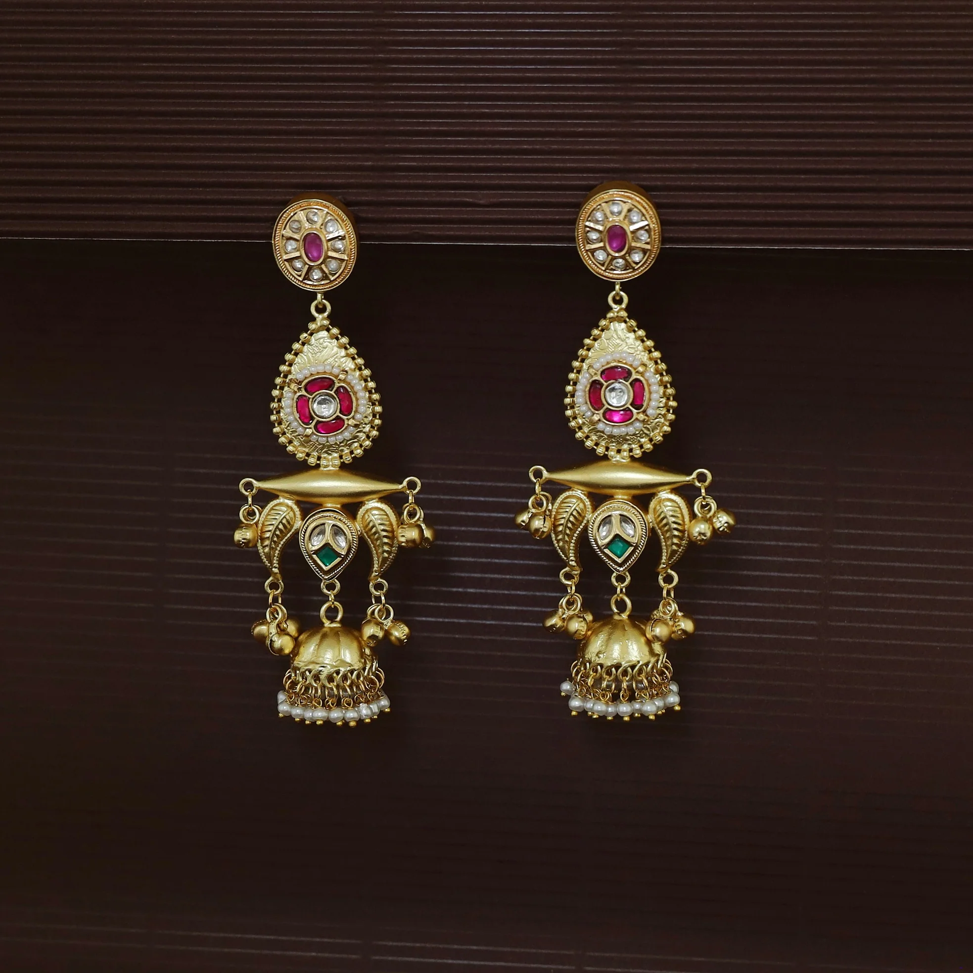 Gul Jadau Kundan Leaf Ghungroo Mini Kashmiri Jhumka - Image 3