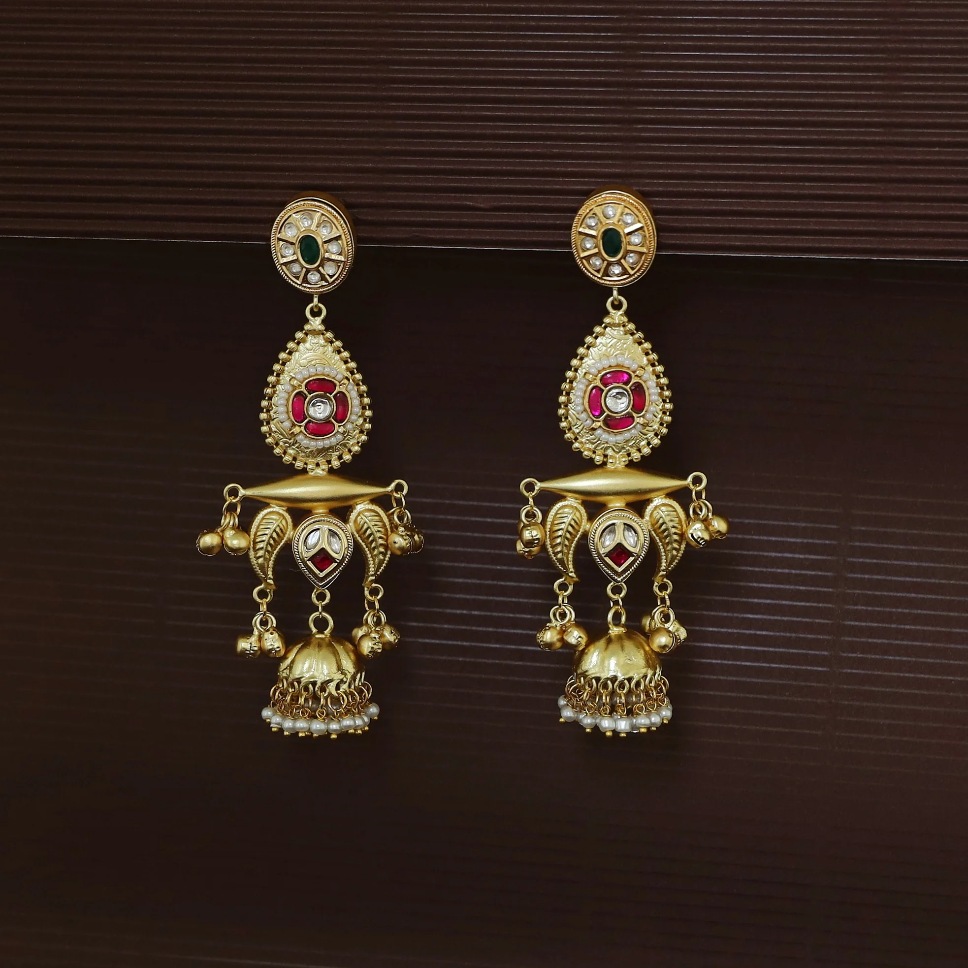 Gul Jadau Kundan Leaf Ghungroo Mini Kashmiri Jhumka - Image 4