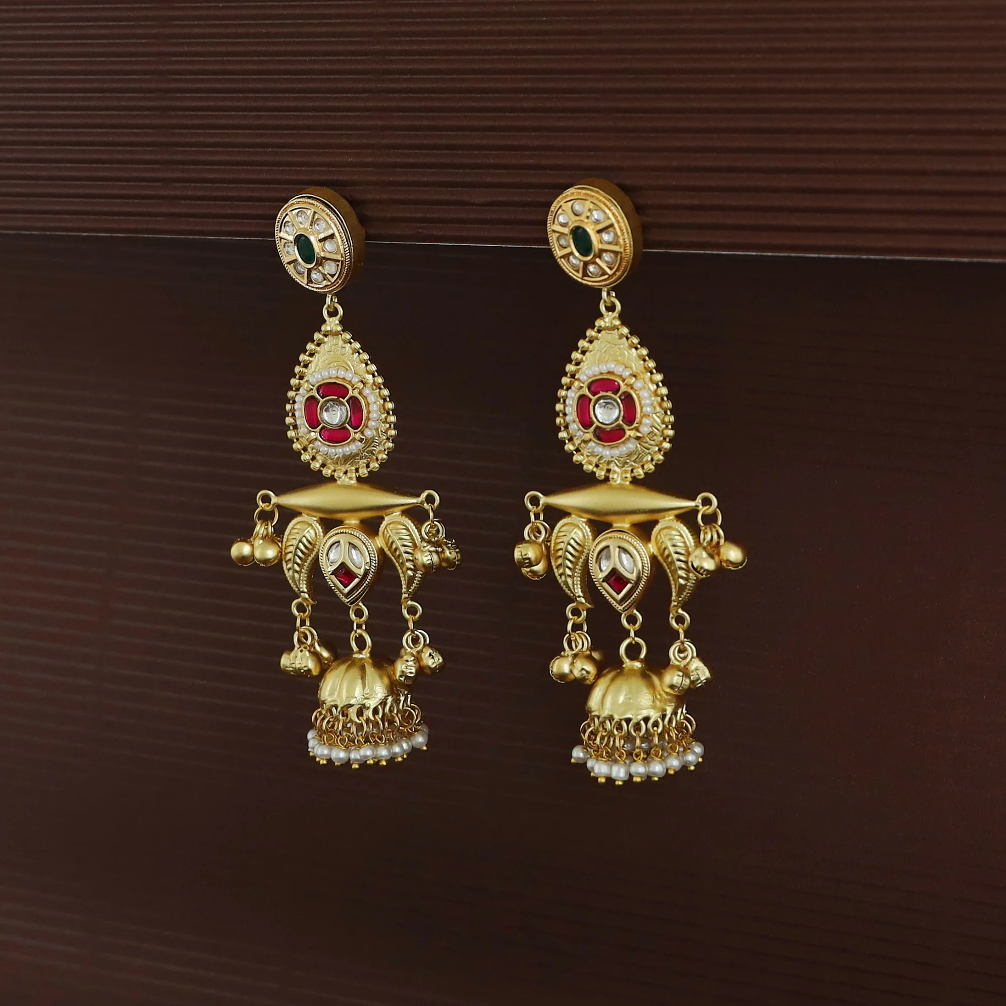 Gul Jadau Kundan Leaf Ghungroo Mini Kashmiri Jhumka - Image 5