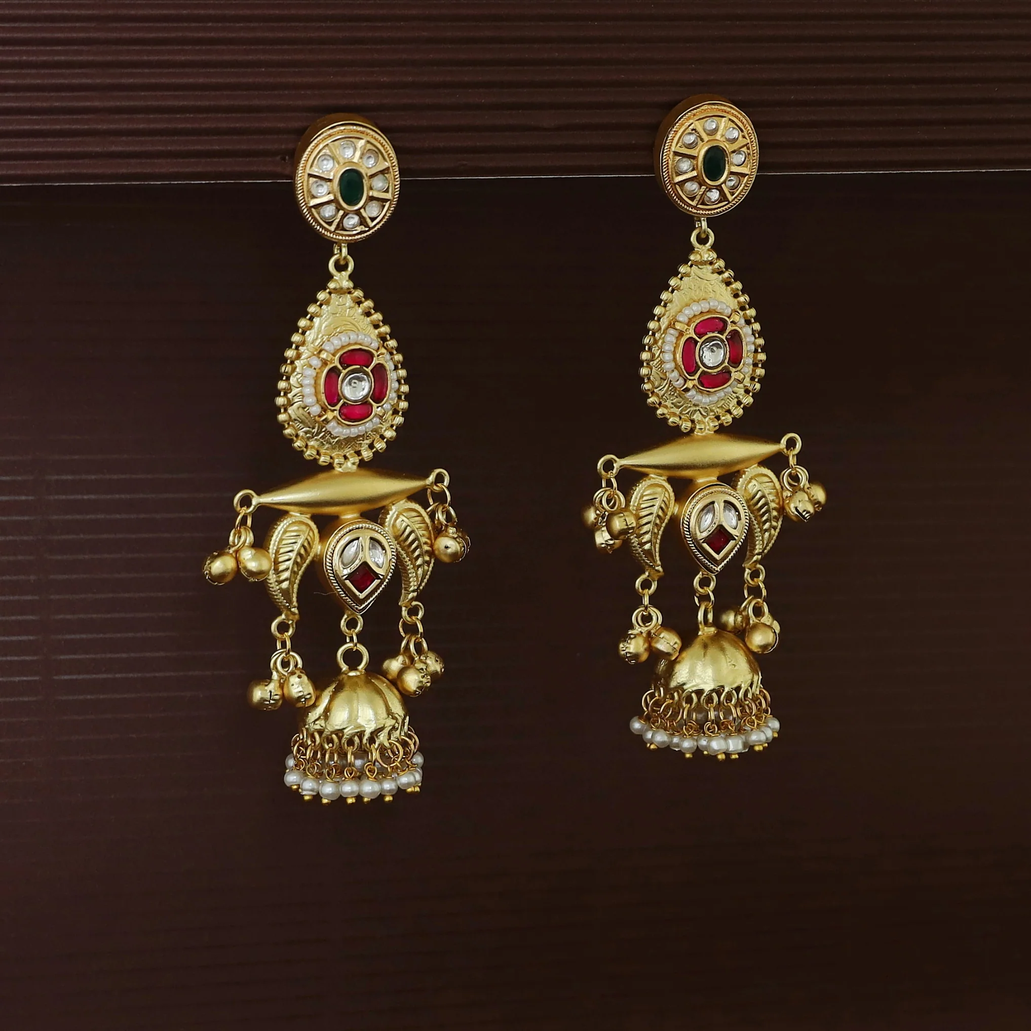 Gul Jadau Kundan Leaf Ghungroo Mini Kashmiri Jhumka - Image 6