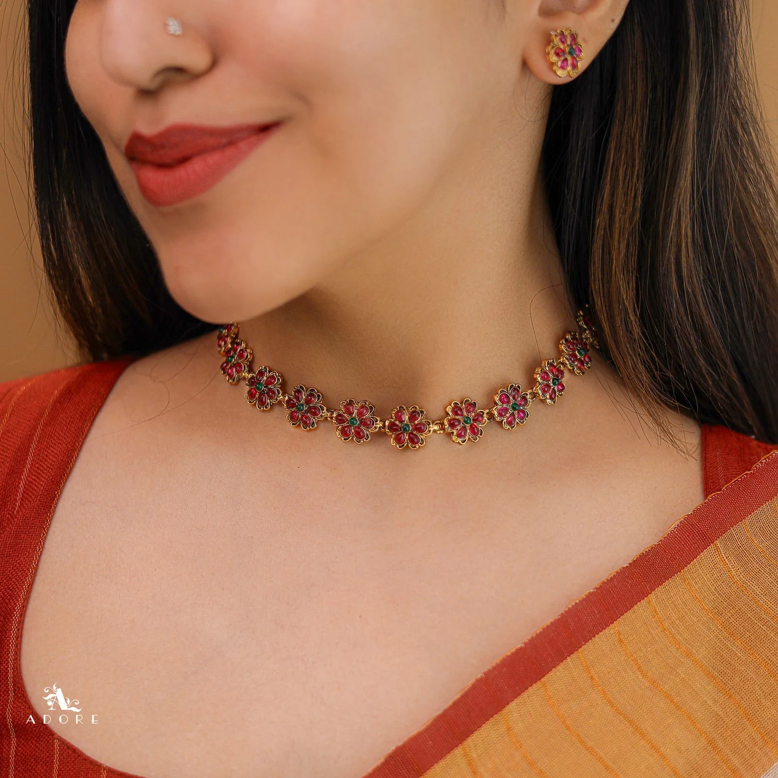 Gyanika Floral Short Neckpiece With Stud - Image 8
