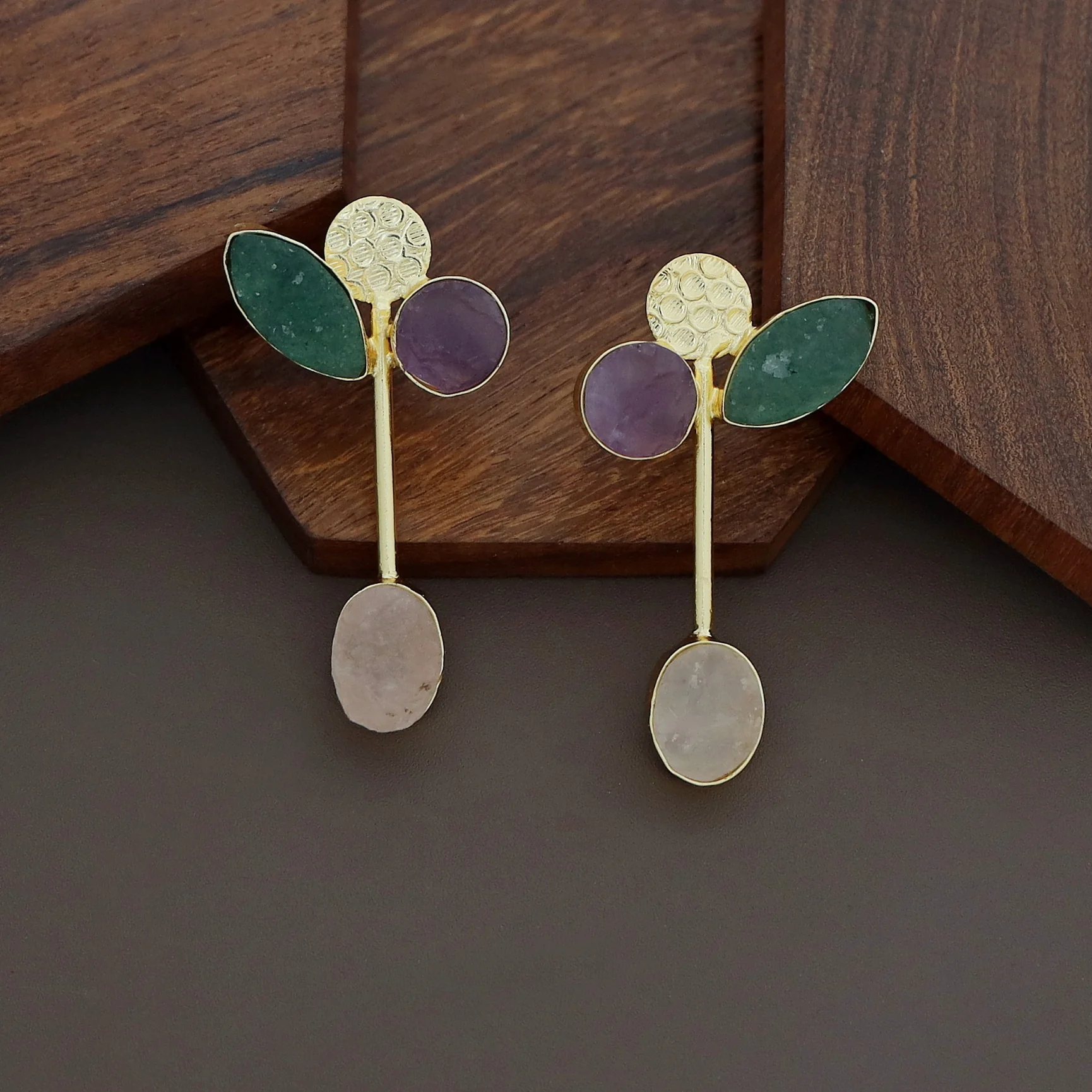 Hadassah Golden Hammered Raw Stone Earring - Image 13