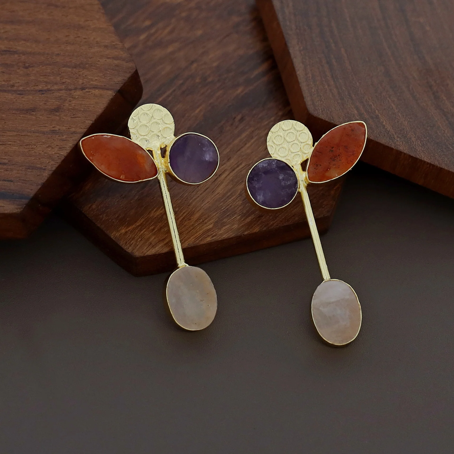 Hadassah Golden Hammered Raw Stone Earring - Image 14