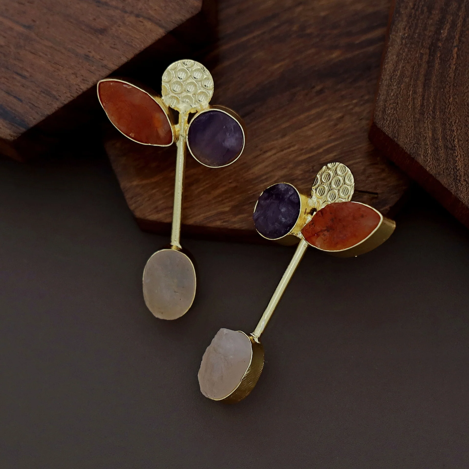 Hadassah Golden Hammered Raw Stone Earring - Image 15