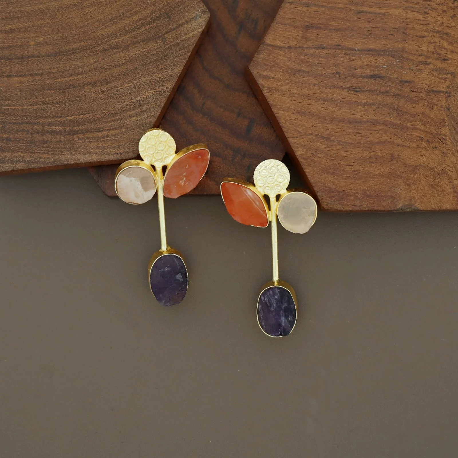 Hadassah Golden Hammered Raw Stone Earring - Image 16