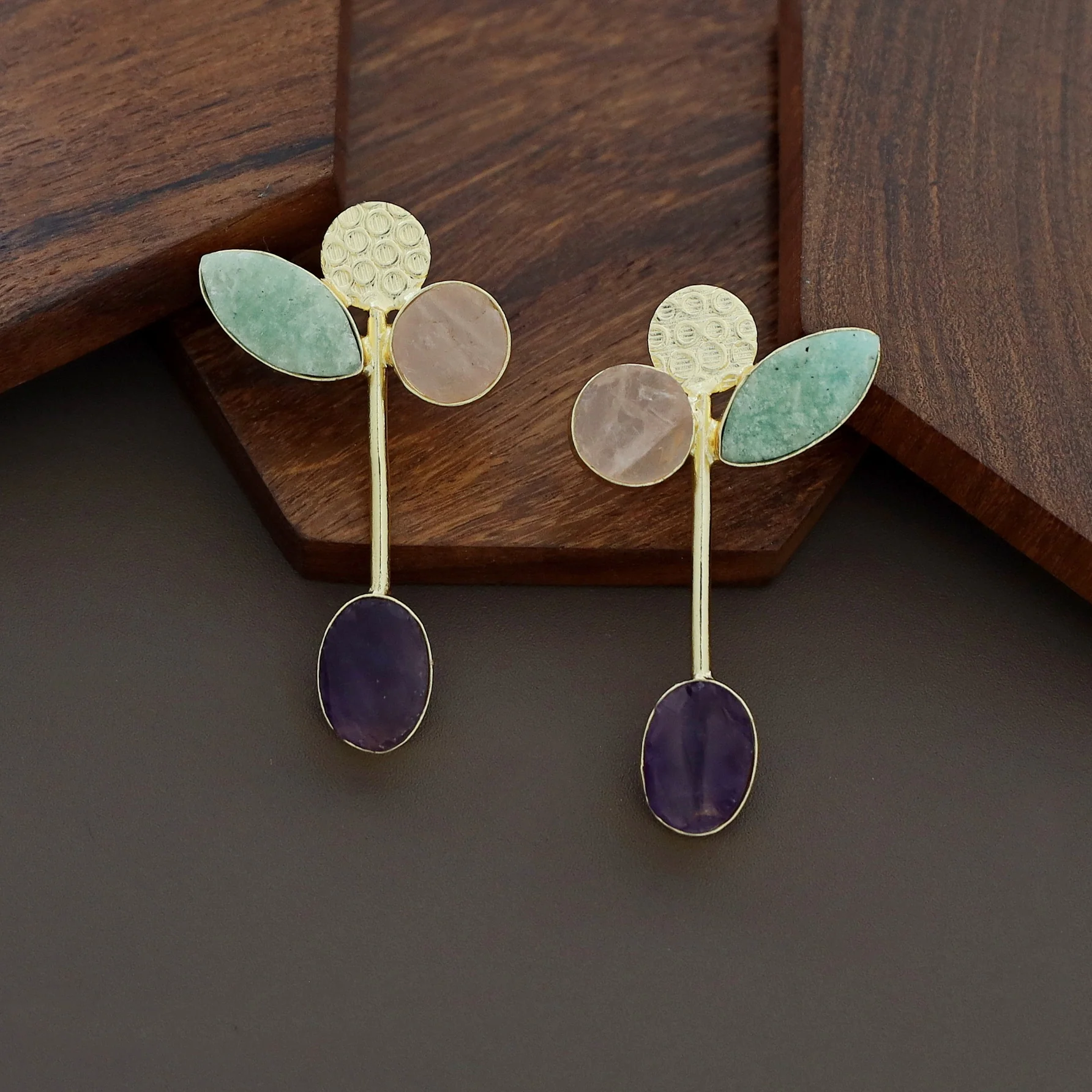 Hadassah Golden Hammered Raw Stone Earring - Image 2