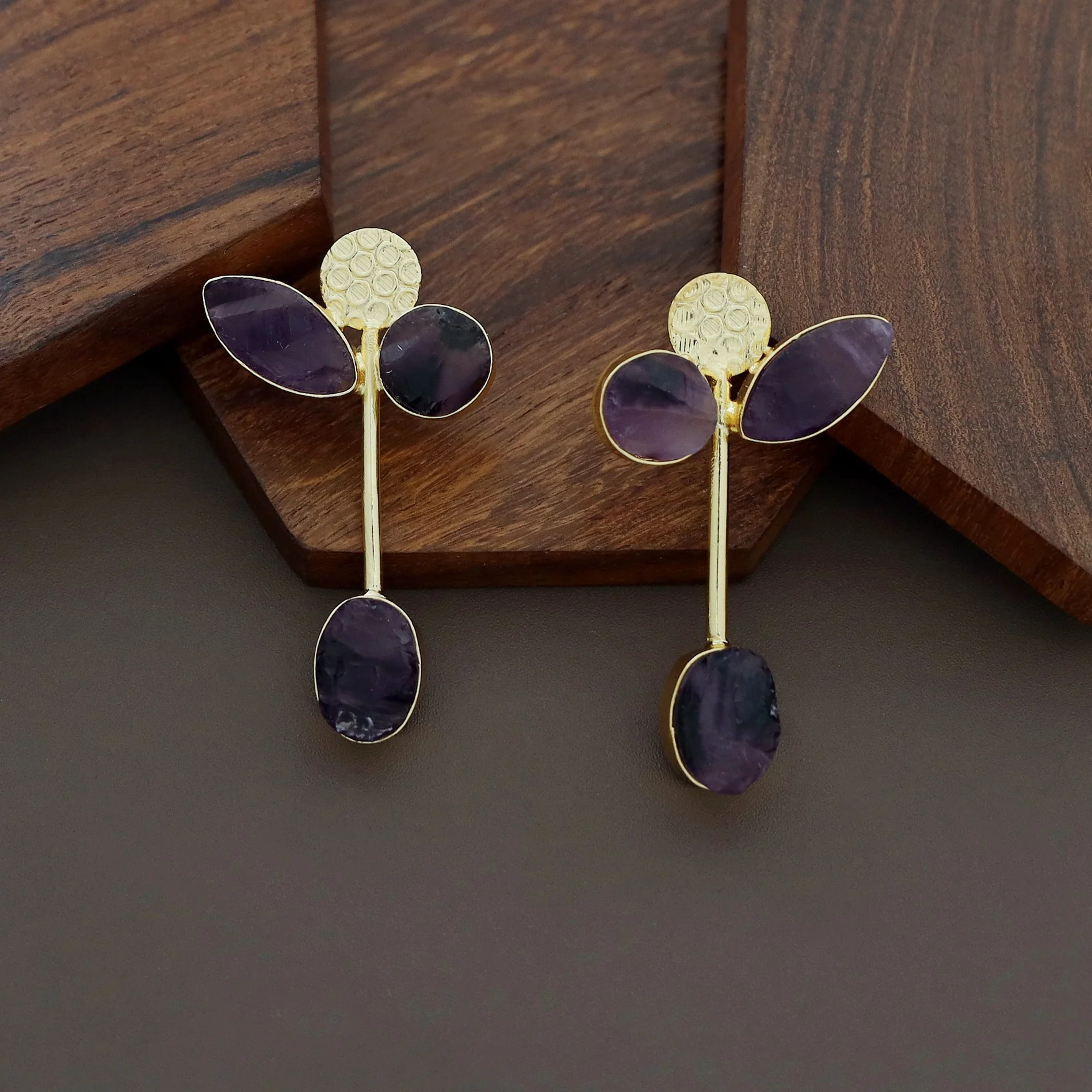Hadassah Golden Hammered Raw Stone Earring - Image 9