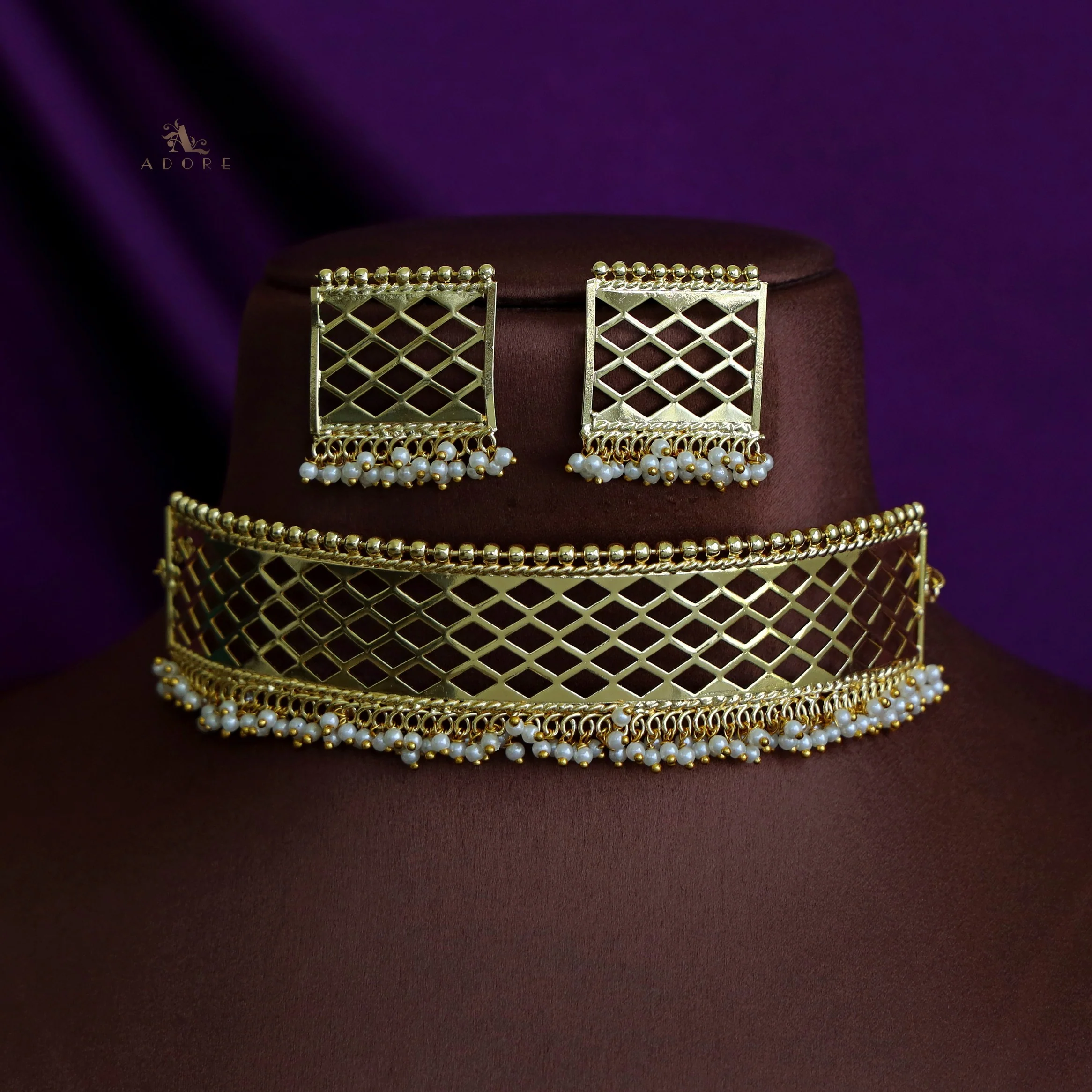 Hanaa Golden Mini Diamond and Cluster Pearl Neck Cuff with Earring - Image 4