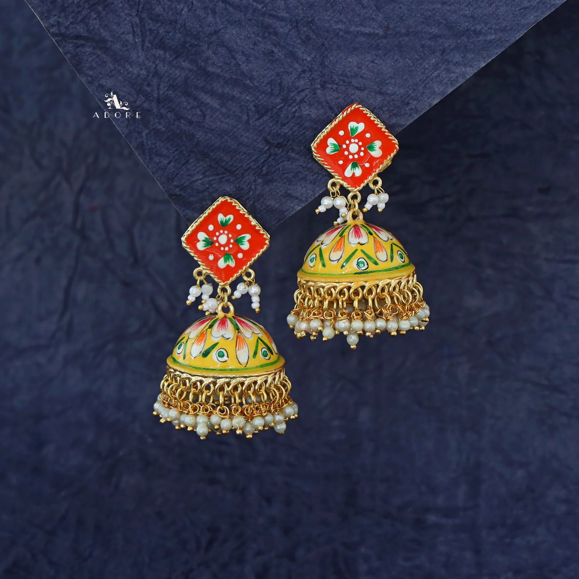 Hand Painted Cluster Pearl Diamond Jhumka - Image 10