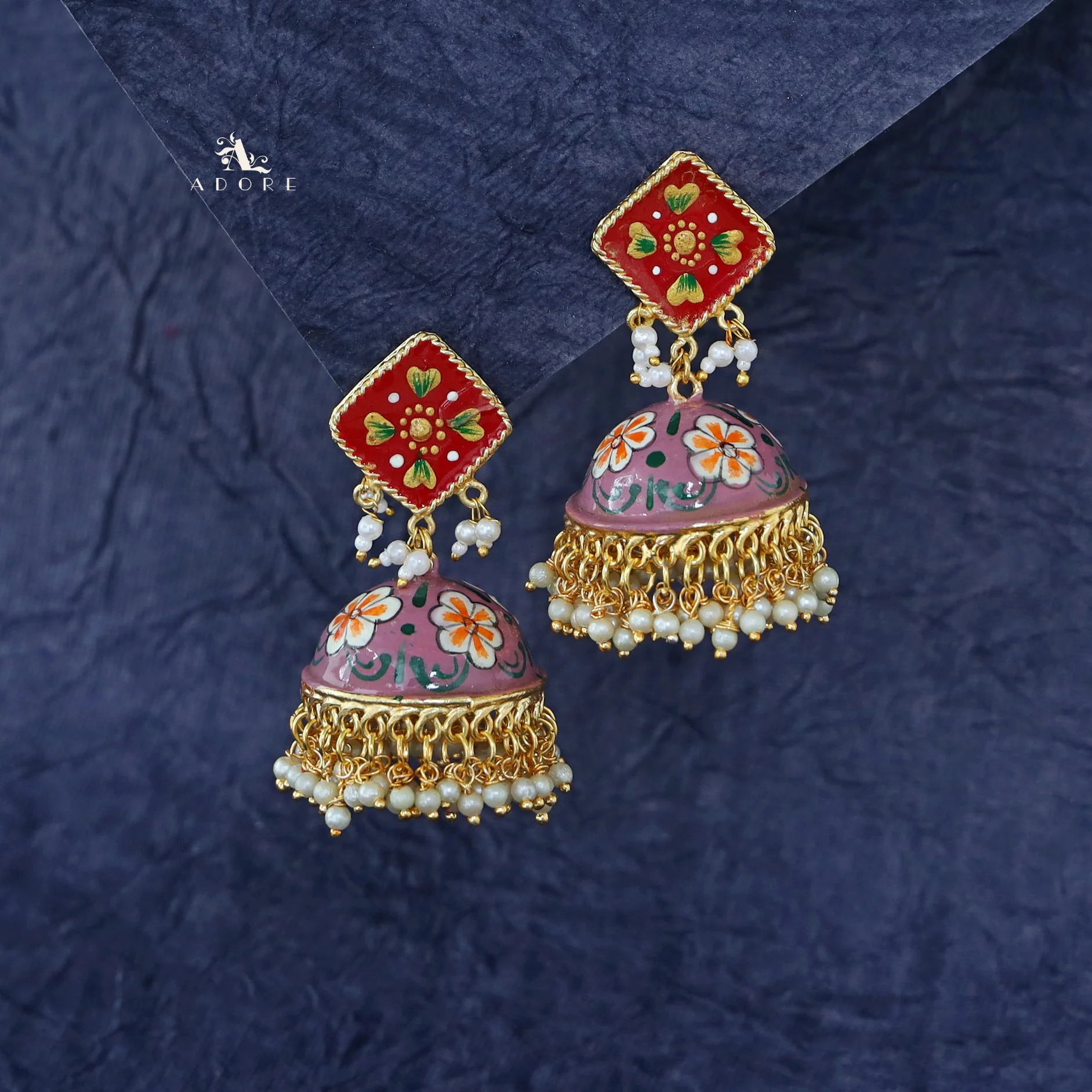 Hand Painted Cluster Pearl Diamond Jhumka - Image 11