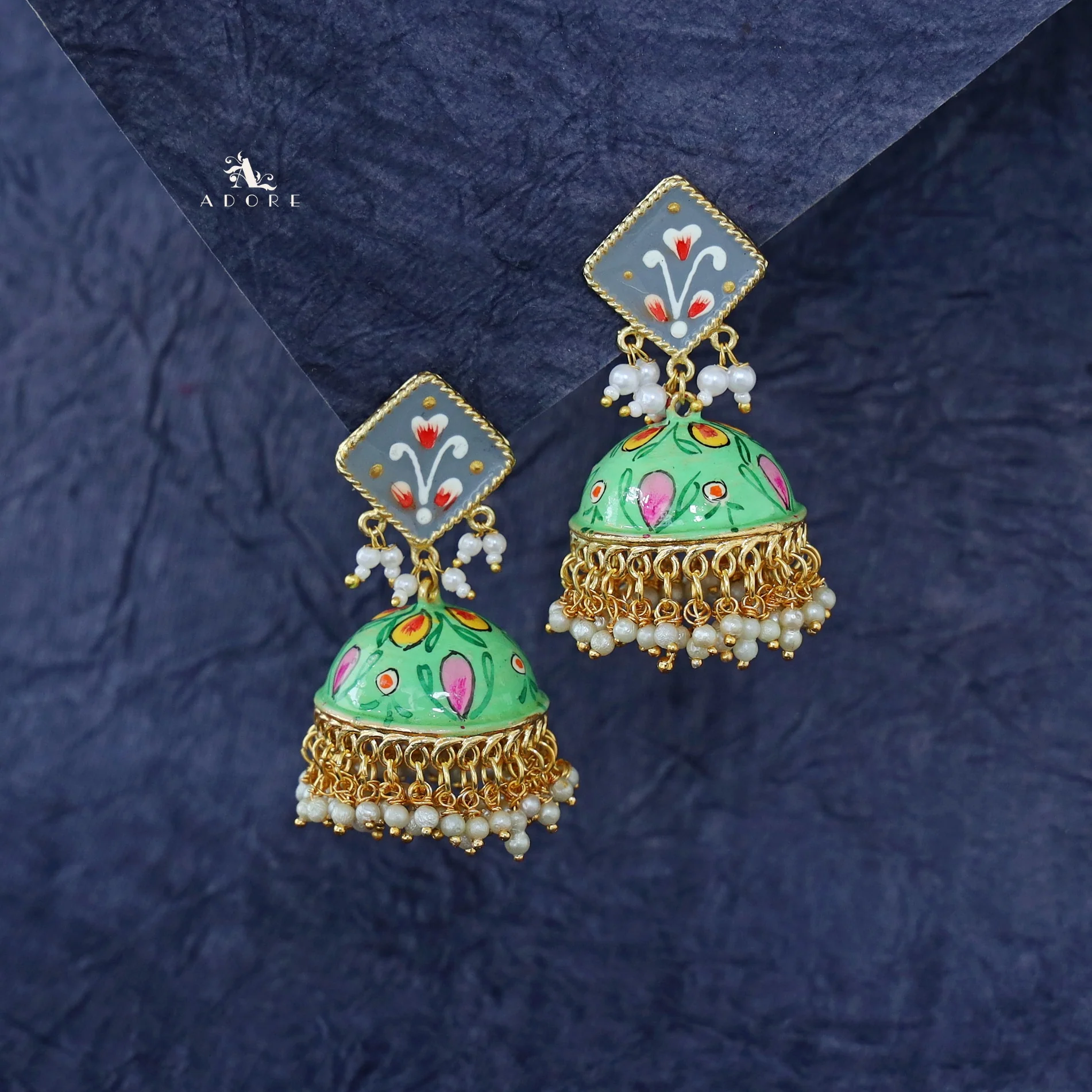 Hand Painted Cluster Pearl Diamond Jhumka - Image 12