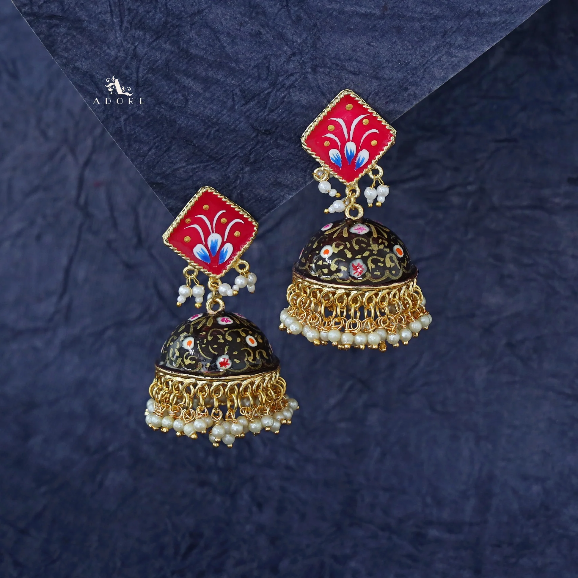 Hand Painted Cluster Pearl Diamond Jhumka - Image 13