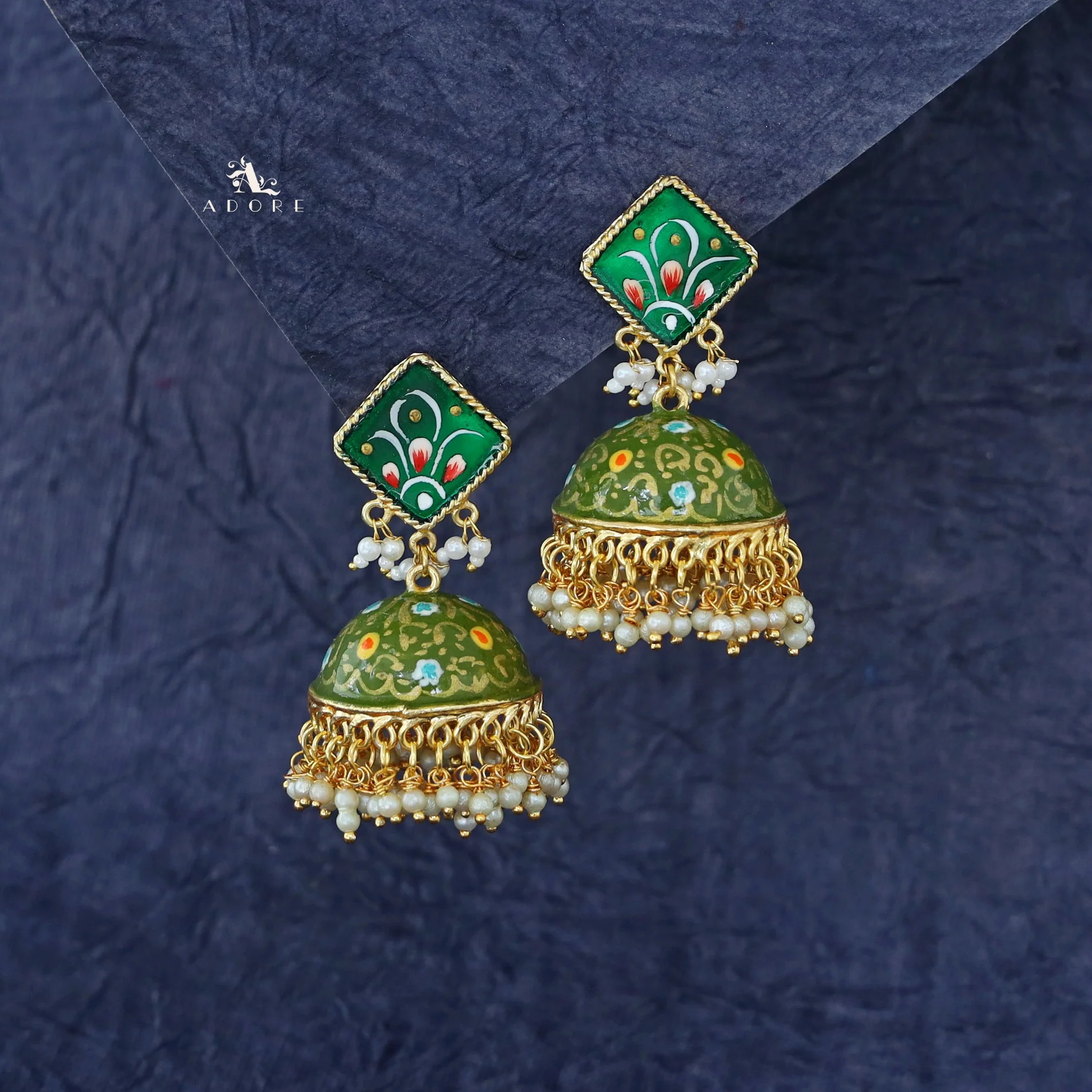 Hand Painted Cluster Pearl Diamond Jhumka - Image 14