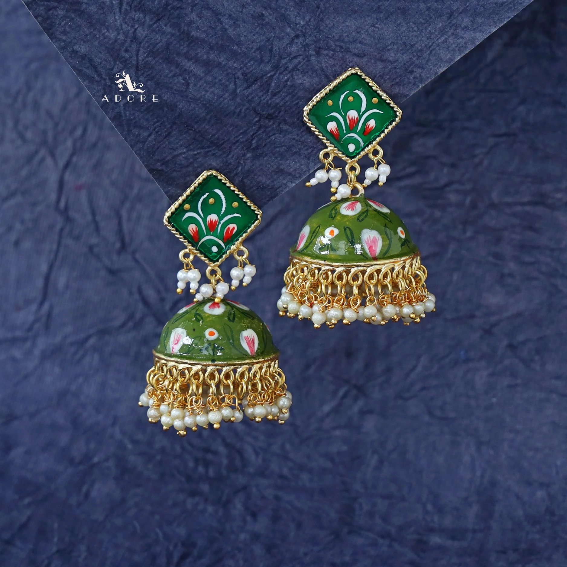 Hand Painted Cluster Pearl Diamond Jhumka - Image 15