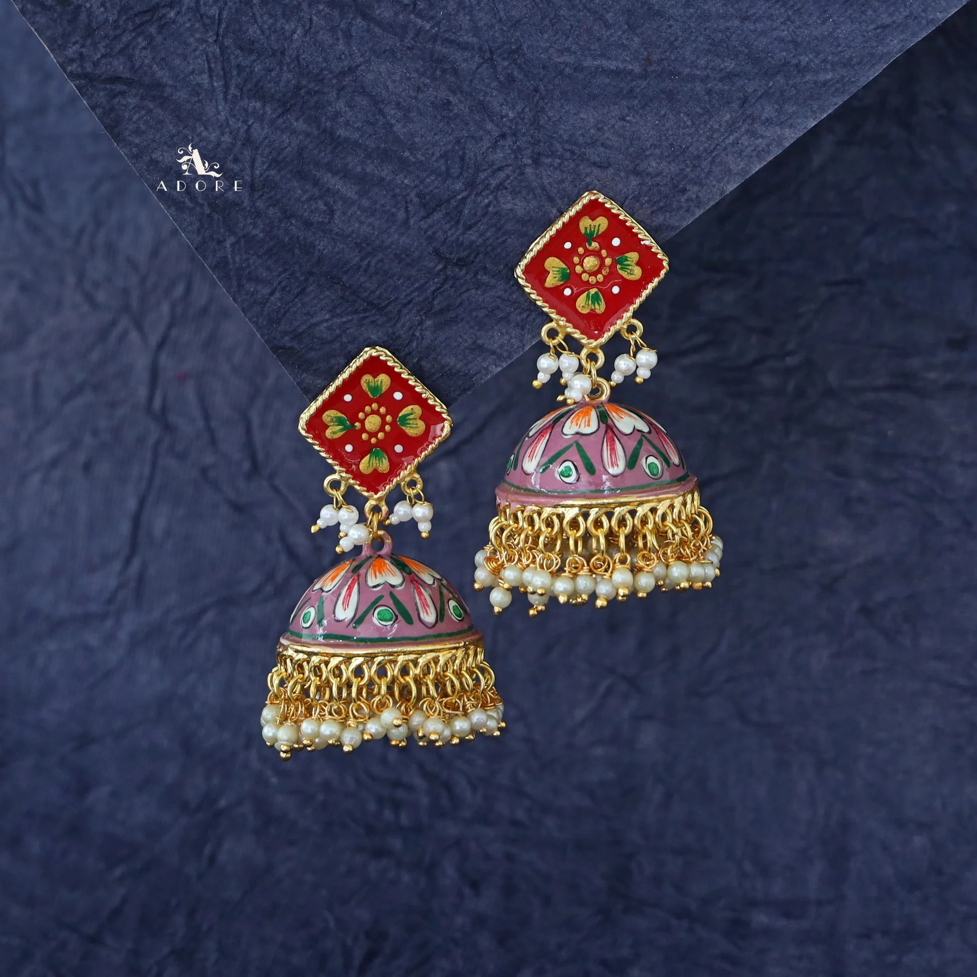Hand Painted Cluster Pearl Diamond Jhumka - Image 16