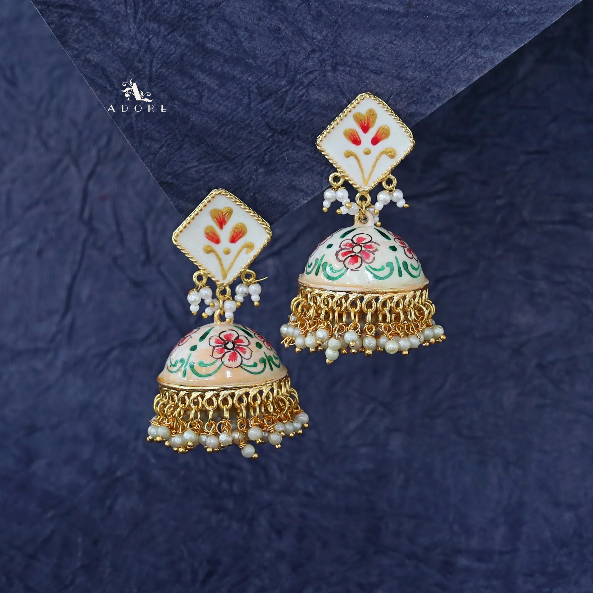 Hand Painted Cluster Pearl Diamond Jhumka - Image 17