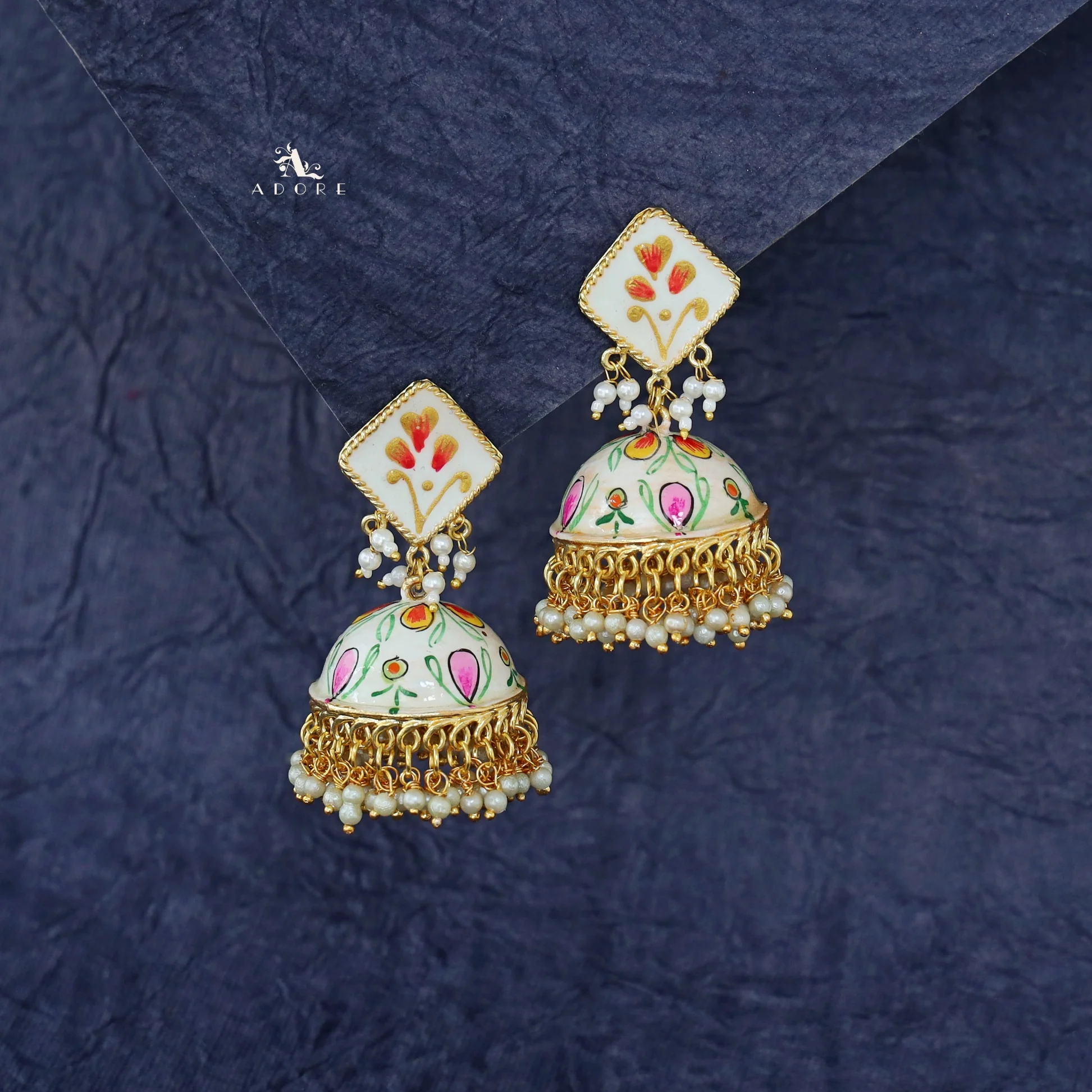 Hand Painted Cluster Pearl Diamond Jhumka - Image 18