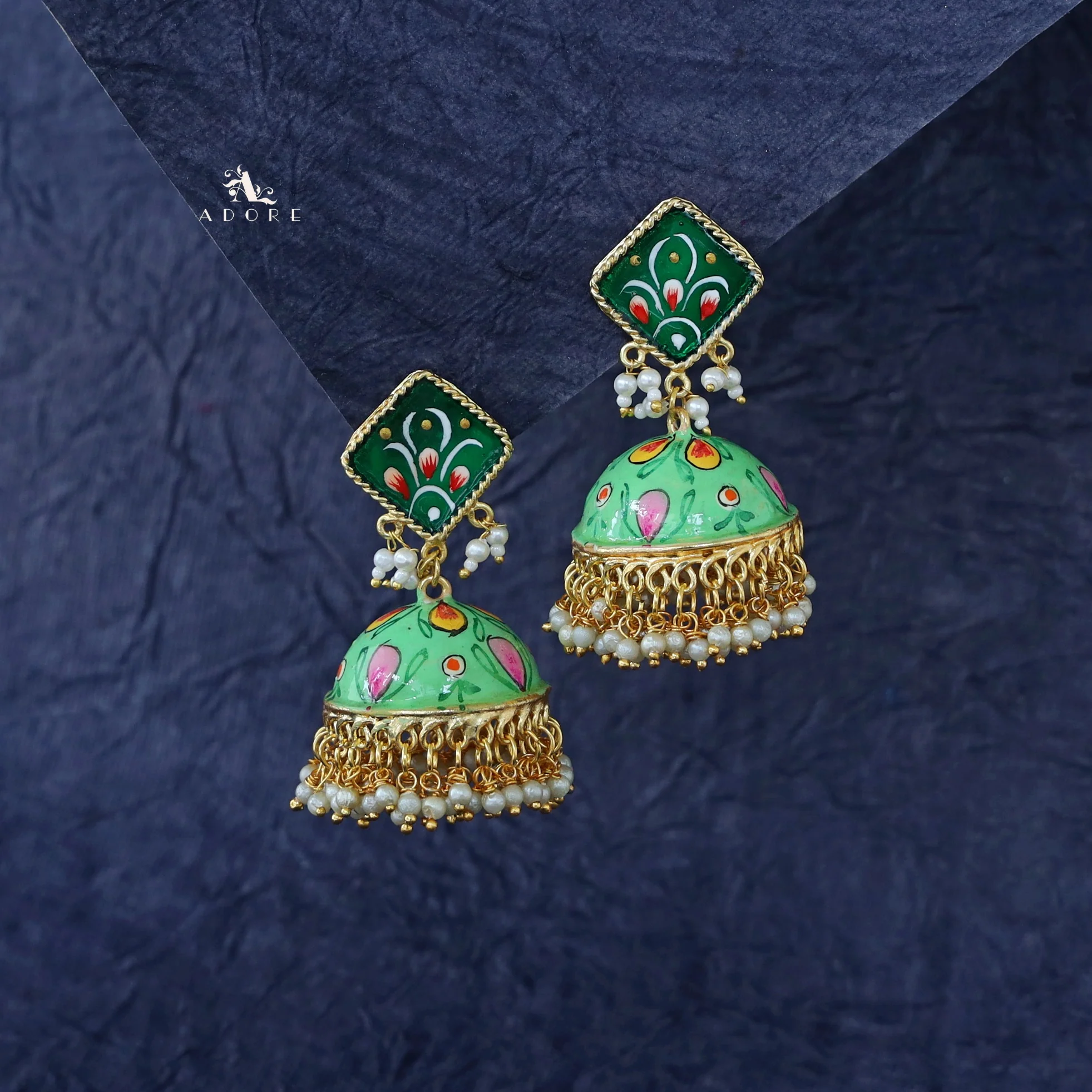 Hand Painted Cluster Pearl Diamond Jhumka - Image 19