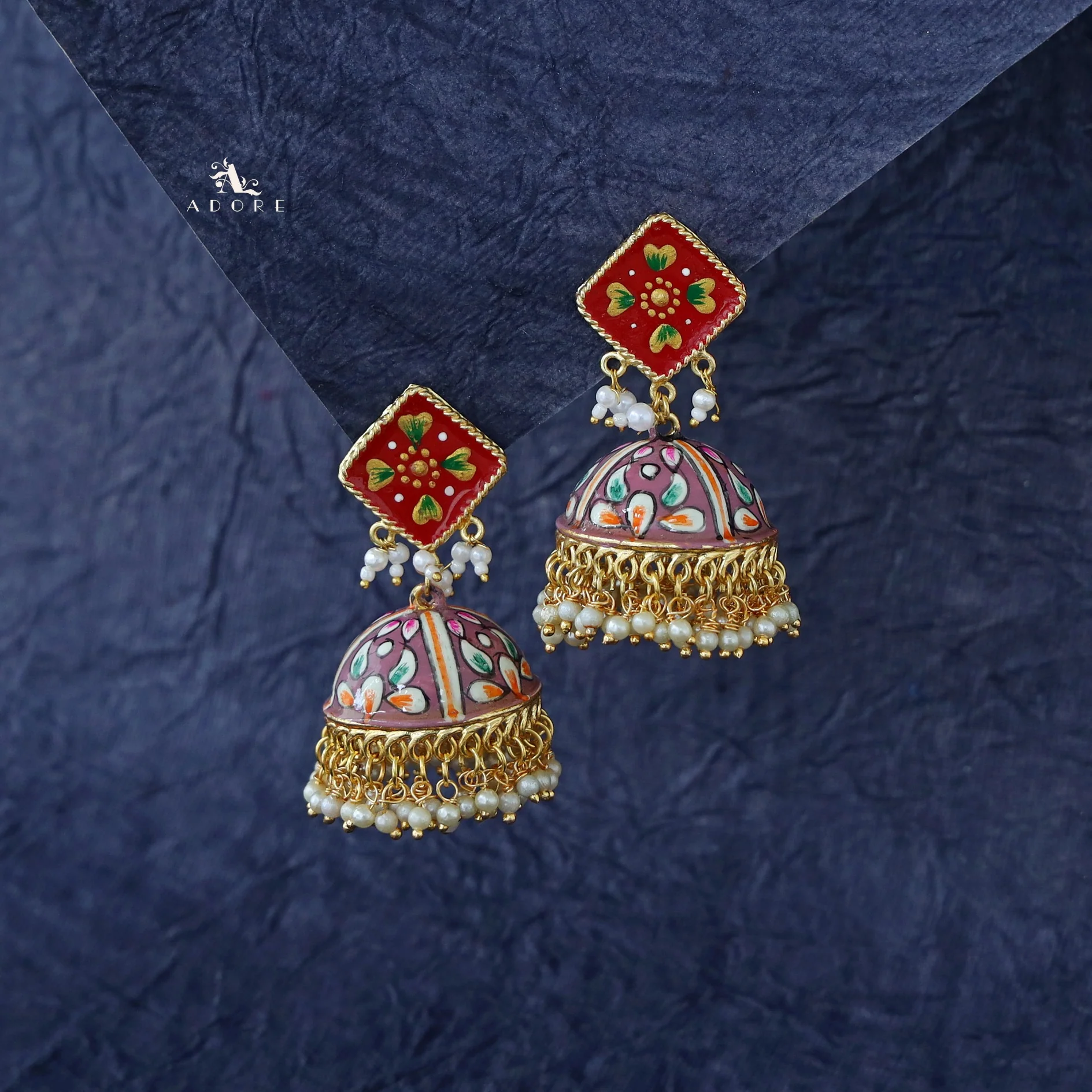 Hand Painted Cluster Pearl Diamond Jhumka - Image 20