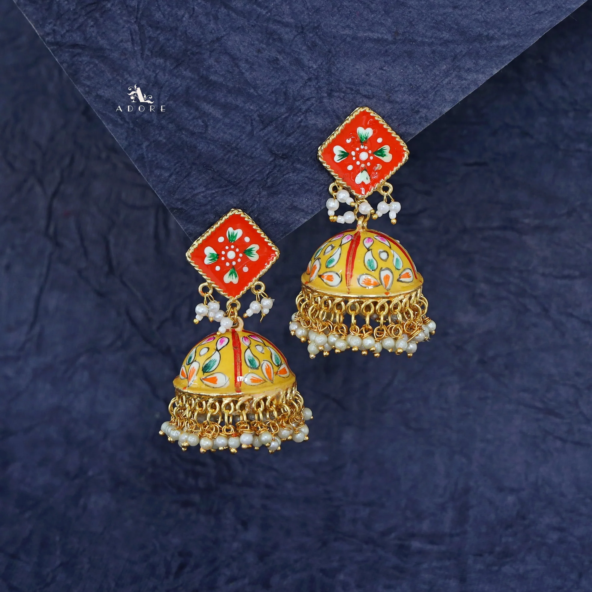Hand Painted Cluster Pearl Diamond Jhumka - Image 21